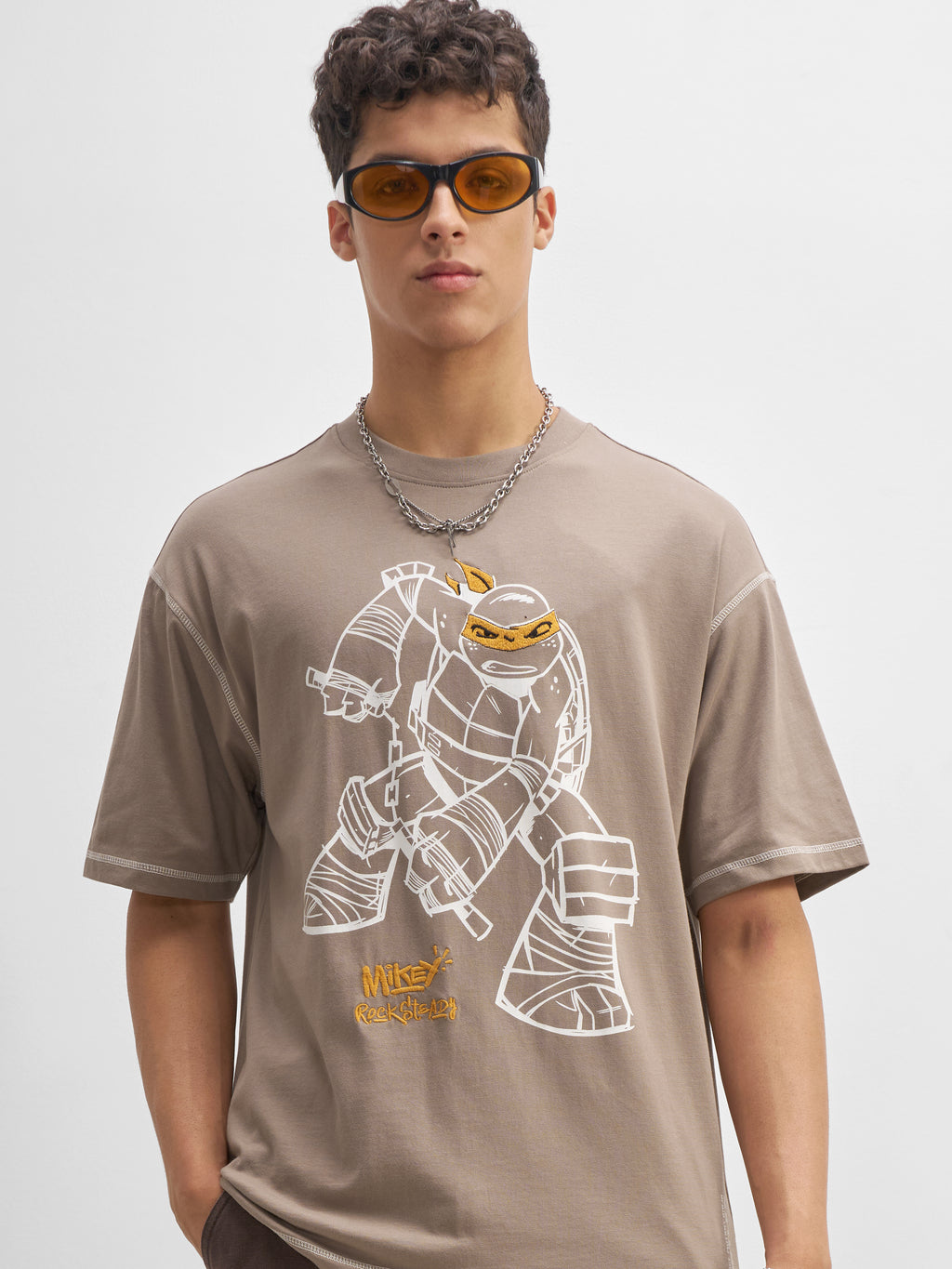 Highlander Men Taupe Ninja Turtles Embroidered Round Neck T-Shirt - Taupe - Image 1