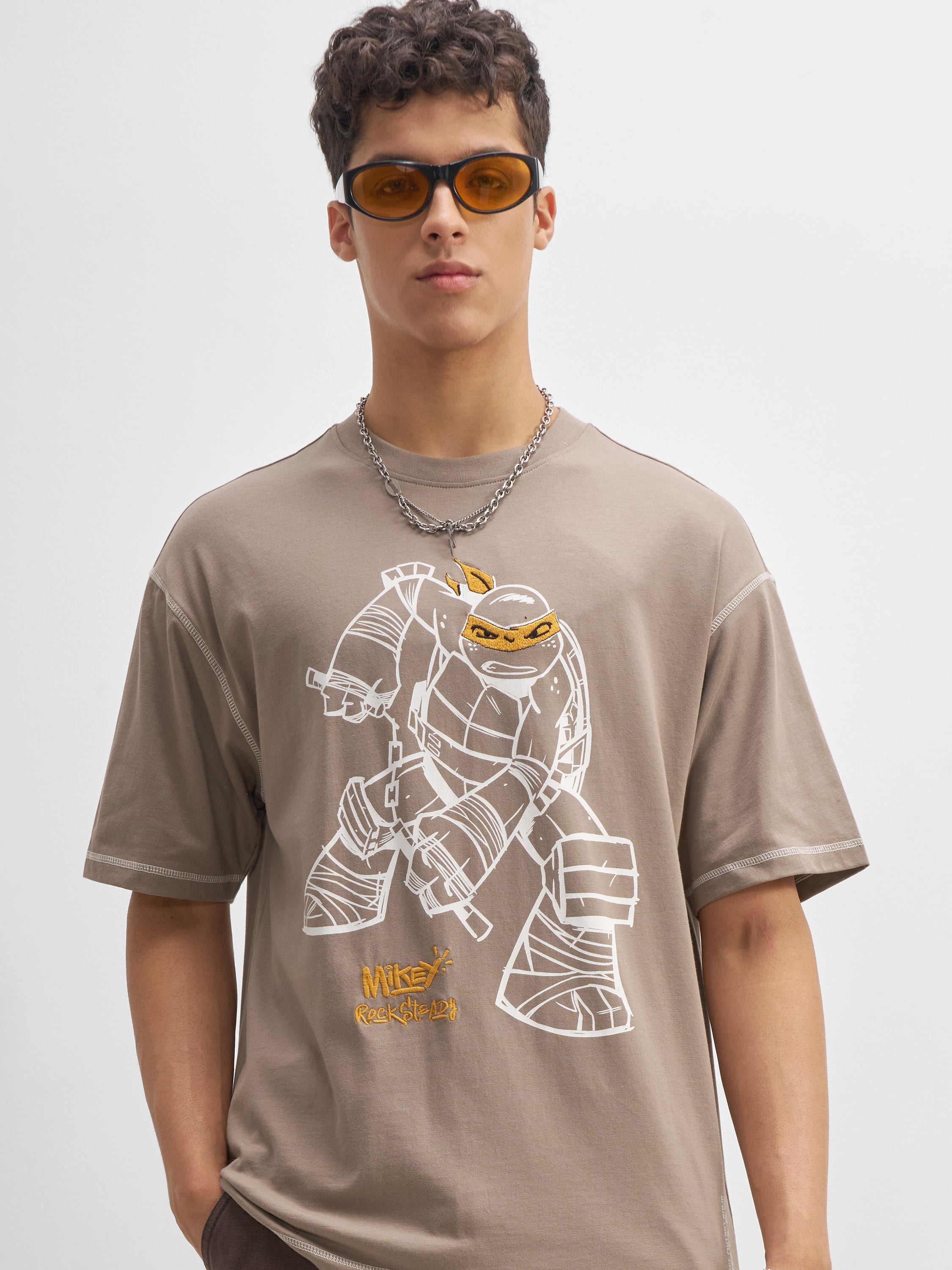 Highlander Men Taupe Ninja Turtles Embroidered Round Neck T-Shirt - Taupe - Image 1