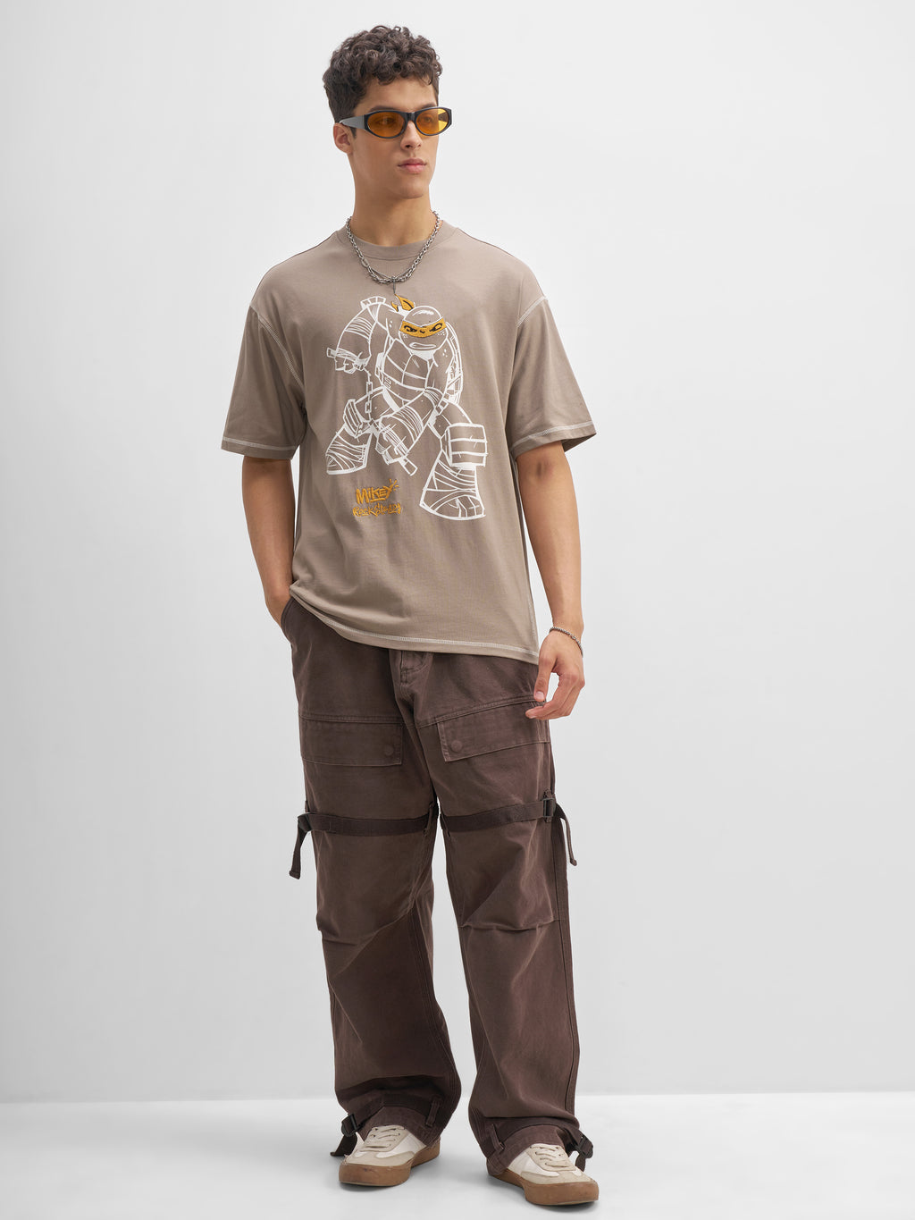 Highlander Men Taupe Ninja Turtles Embroidered Round Neck T-Shirt - Taupe - Image 2