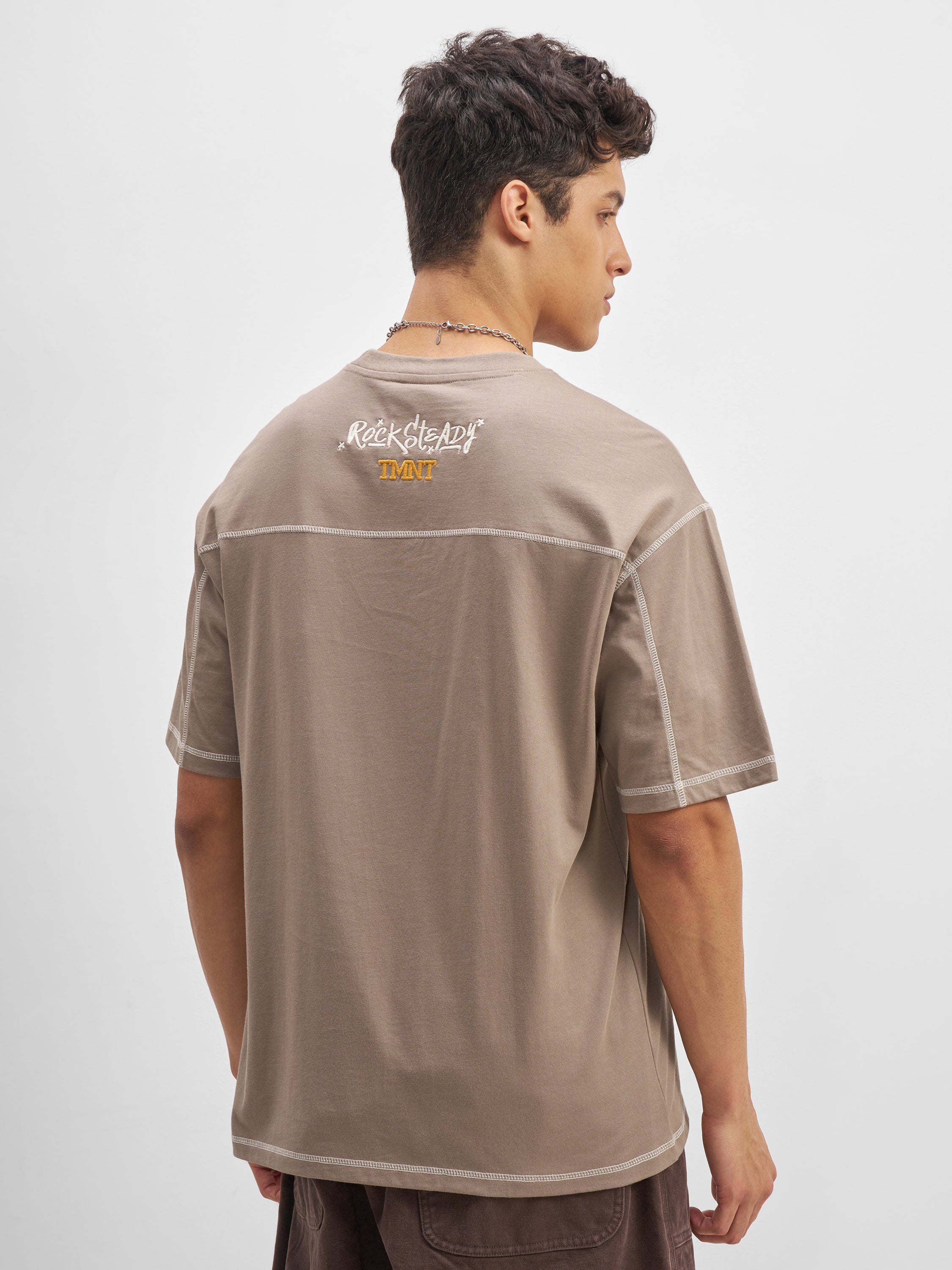 Highlander Men Taupe Ninja Turtles Embroidered Round Neck T-Shirt - Taupe - Image 3