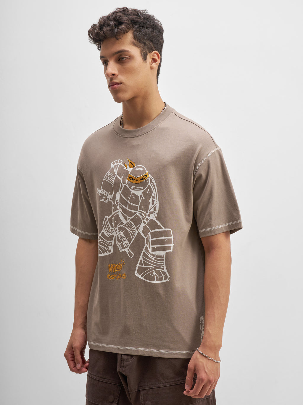 Highlander Men Taupe Ninja Turtles Embroidered Round Neck T-Shirt - Taupe - Image 4