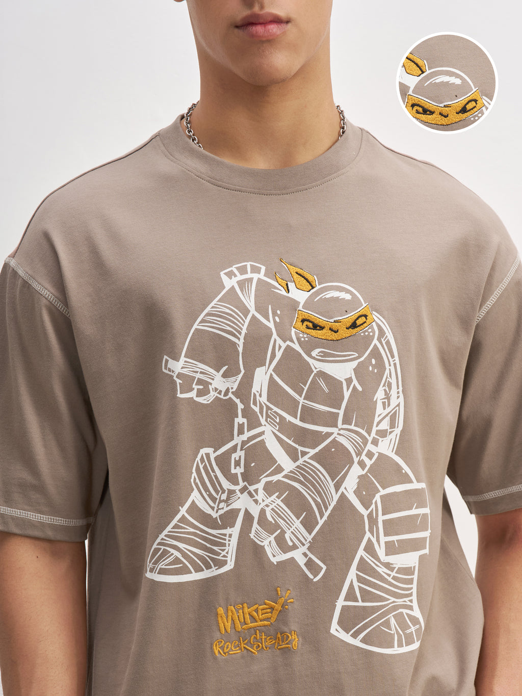 Highlander Men Taupe Ninja Turtles Embroidered Round Neck T-Shirt - Taupe - Image 5