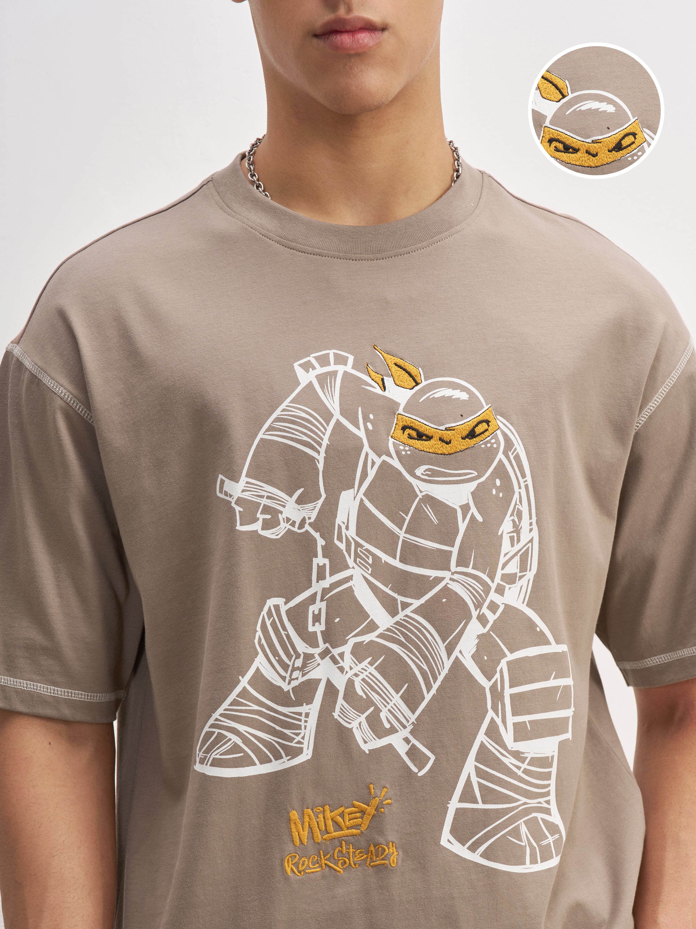 Highlander Men Taupe Ninja Turtles Embroidered Round Neck T-Shirt - Taupe - Image 5