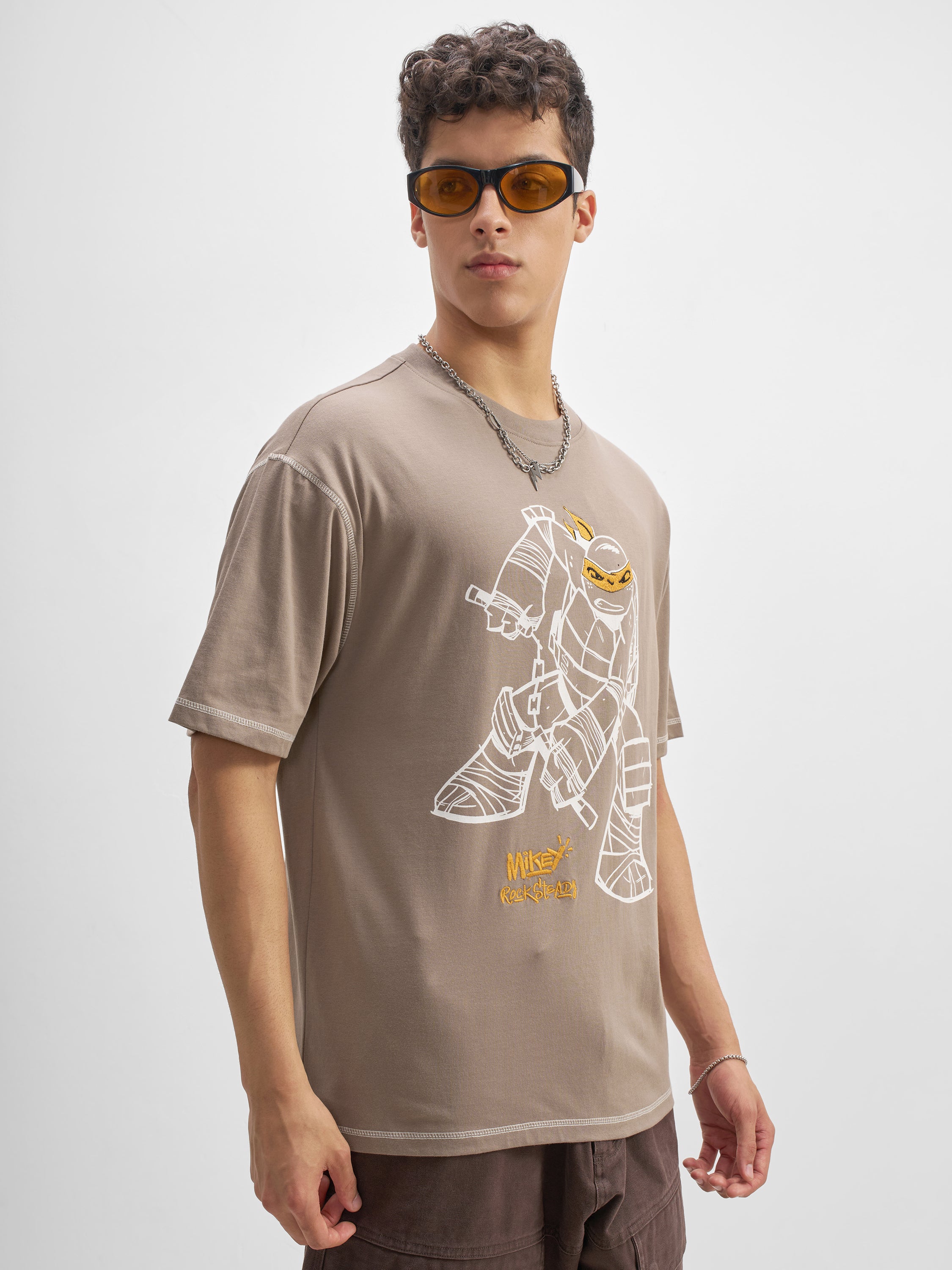 Highlander Men Taupe Ninja Turtles Embroidered Round Neck T-Shirt - Taupe - Image 6
