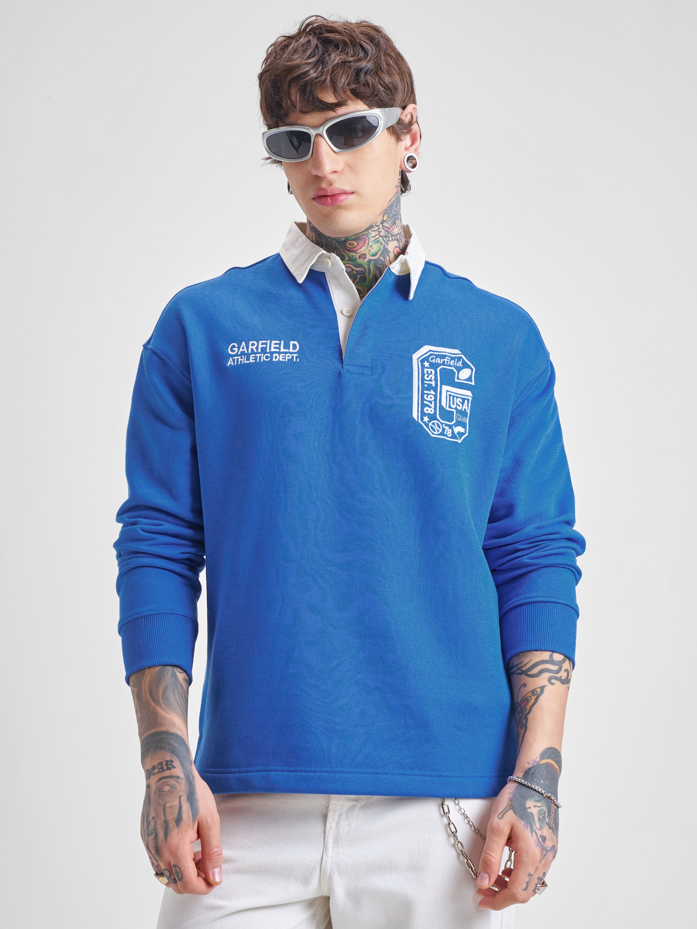 Highlander Men Blue Garfield Shirt Collar Pullover Sweatshirt - Blue - Image 3