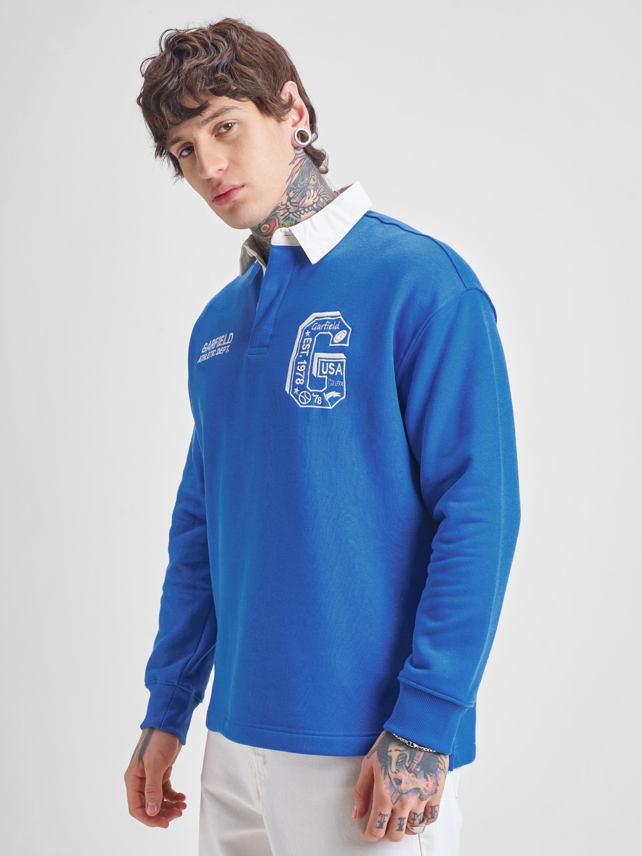 Highlander Men Blue Garfield Shirt Collar Pullover Sweatshirt - Blue - Image 4