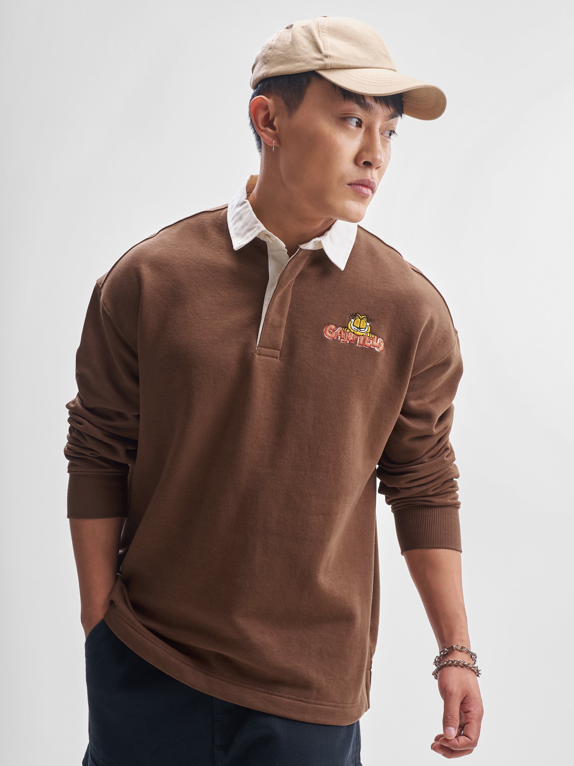 Highlander Men Brown Garfield Shirt Collar Pullover Sweatshirt - Brown - Image 1