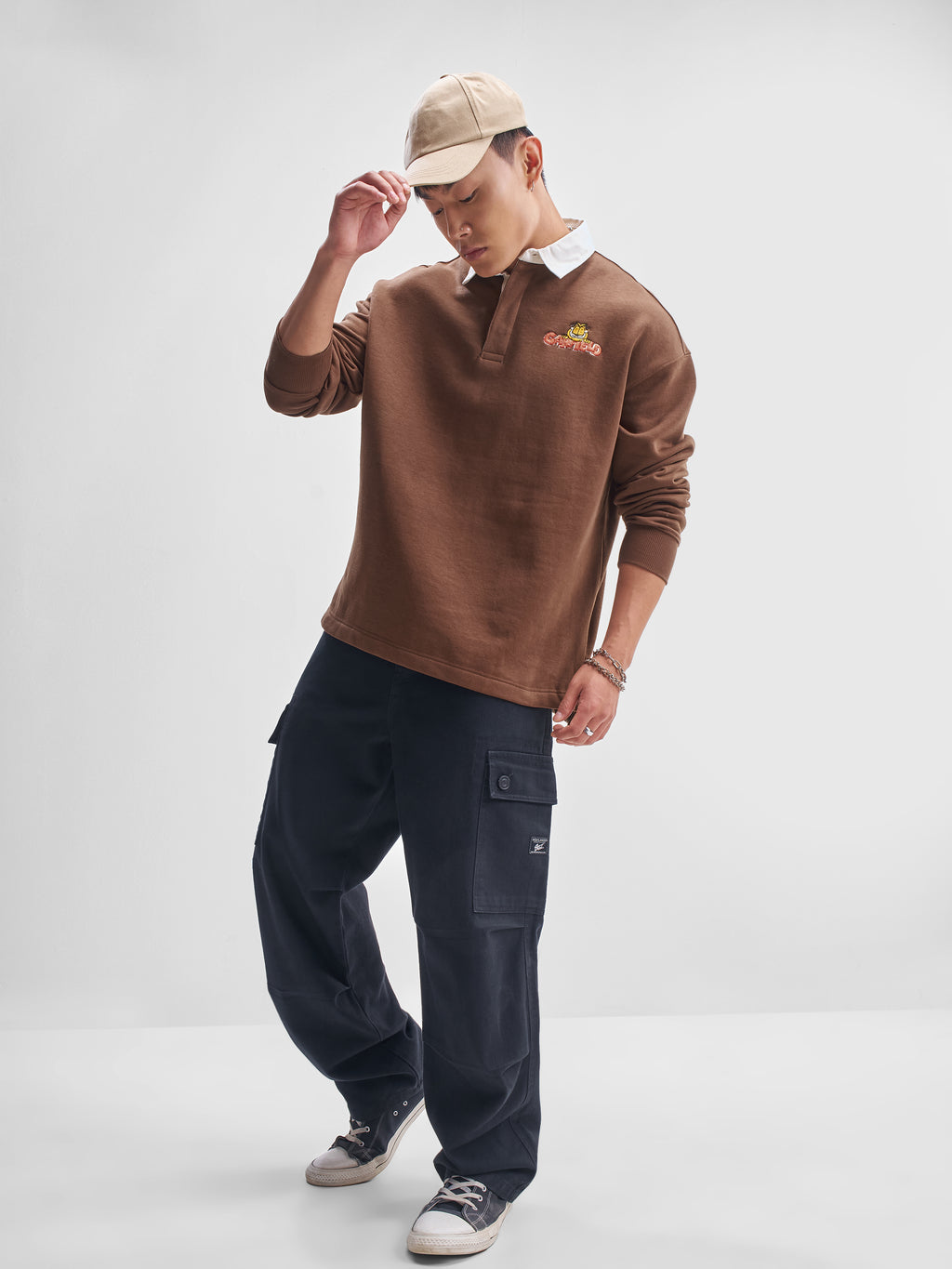 Highlander Men Brown Garfield Shirt Collar Pullover Sweatshirt - Brown - Image 2