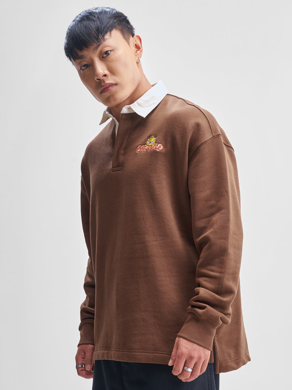 Highlander Men Brown Garfield Shirt Collar Pullover Sweatshirt - Brown - Image 4