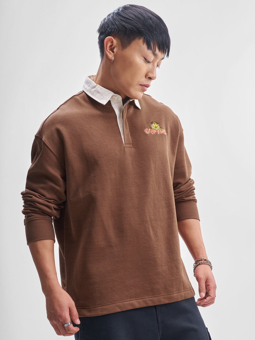 Highlander Men Brown Garfield Shirt Collar Pullover Sweatshirt - Brown - Image 6