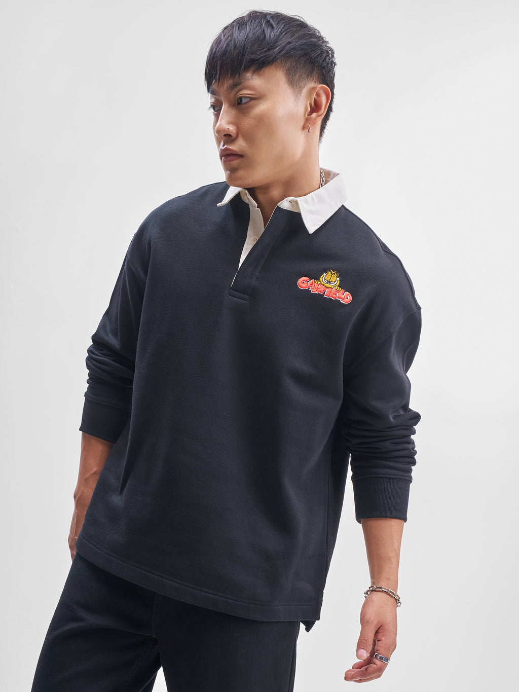 Highlander Men Black Garfield Shirt Collar Pullover Sweatshirt - Black - Image 1