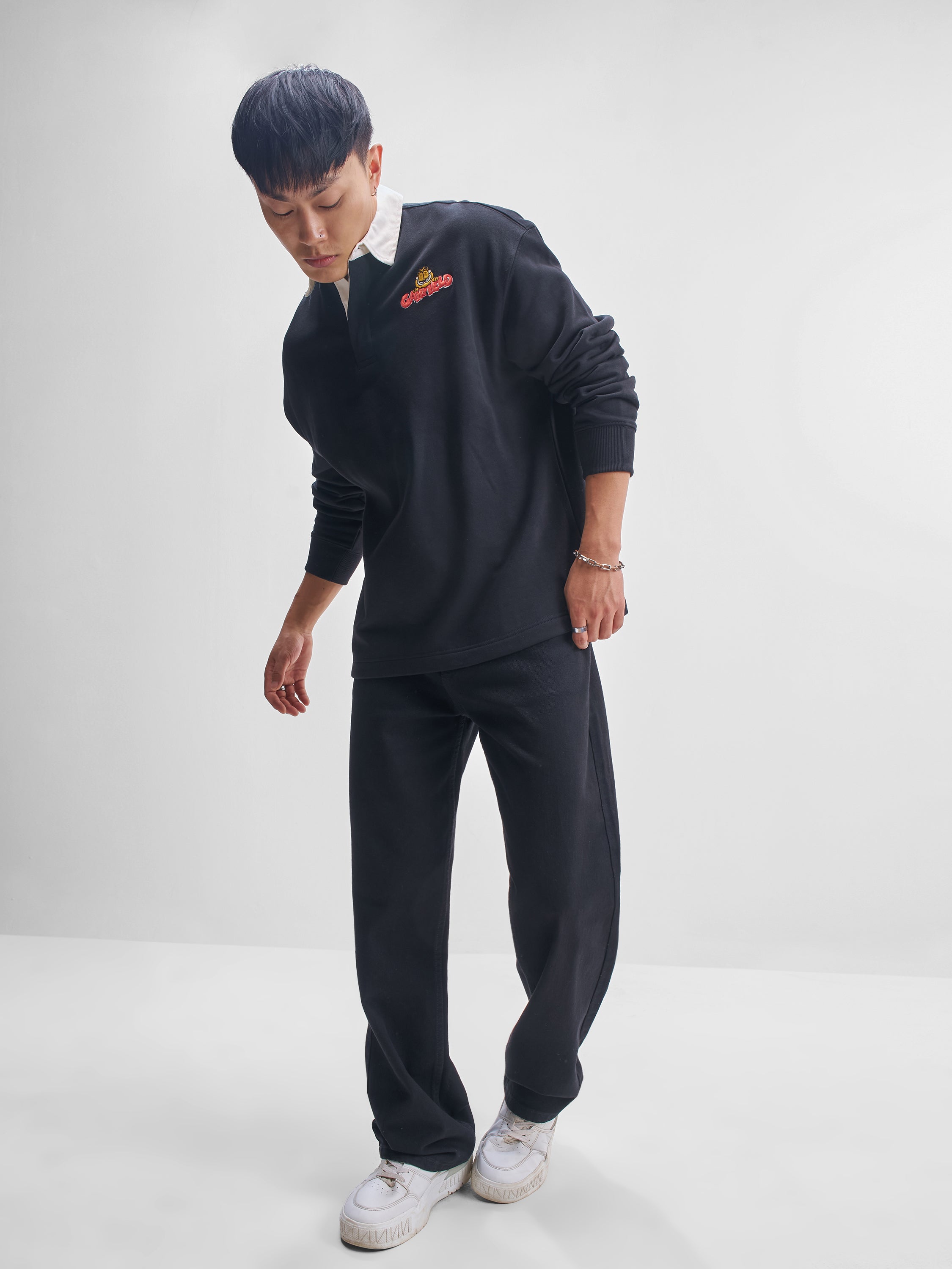 Highlander Men Black Garfield Shirt Collar Pullover Sweatshirt - Black - Image 2