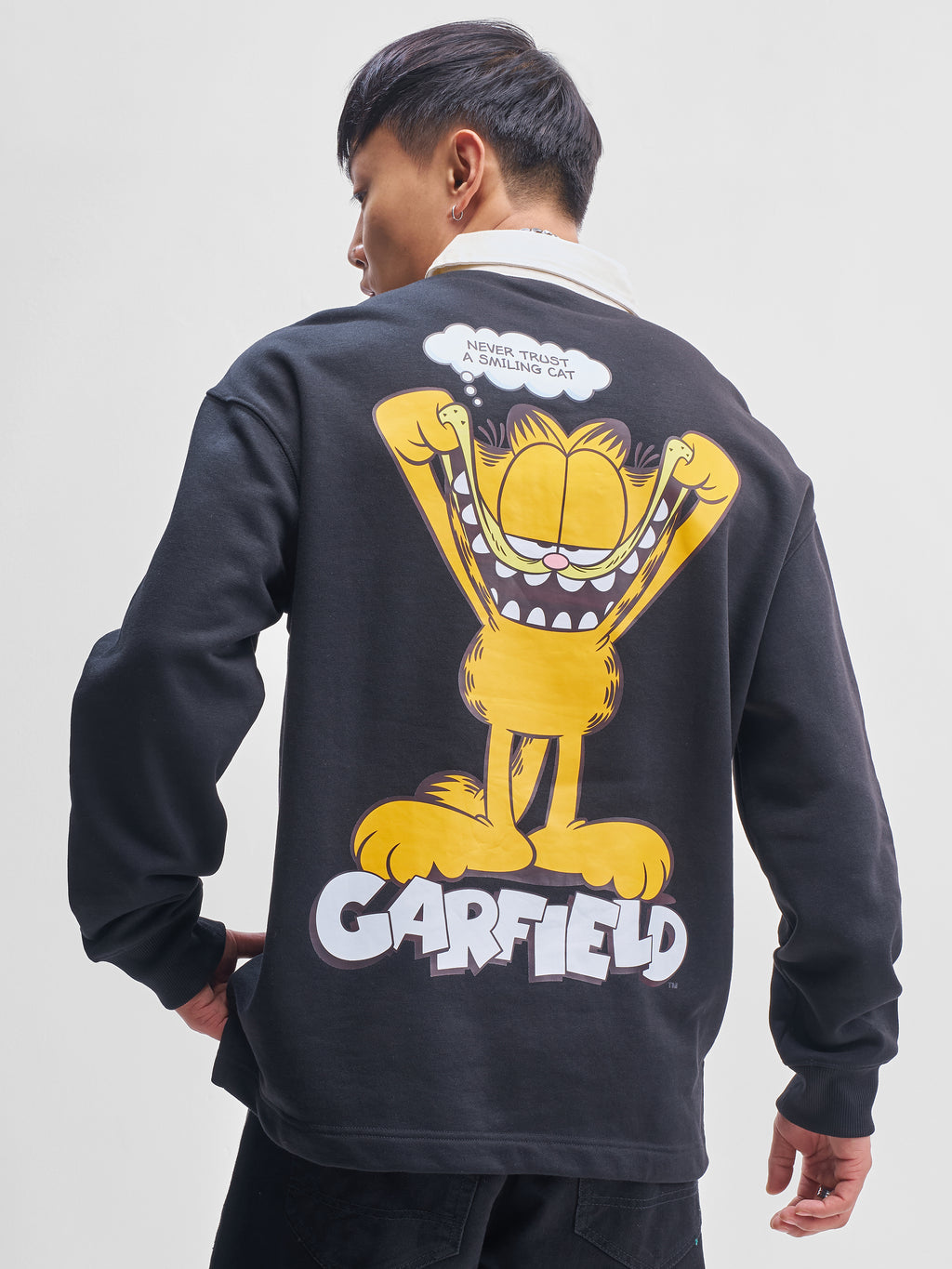 Highlander Men Black Garfield Shirt Collar Pullover Sweatshirt - Black - Image 3