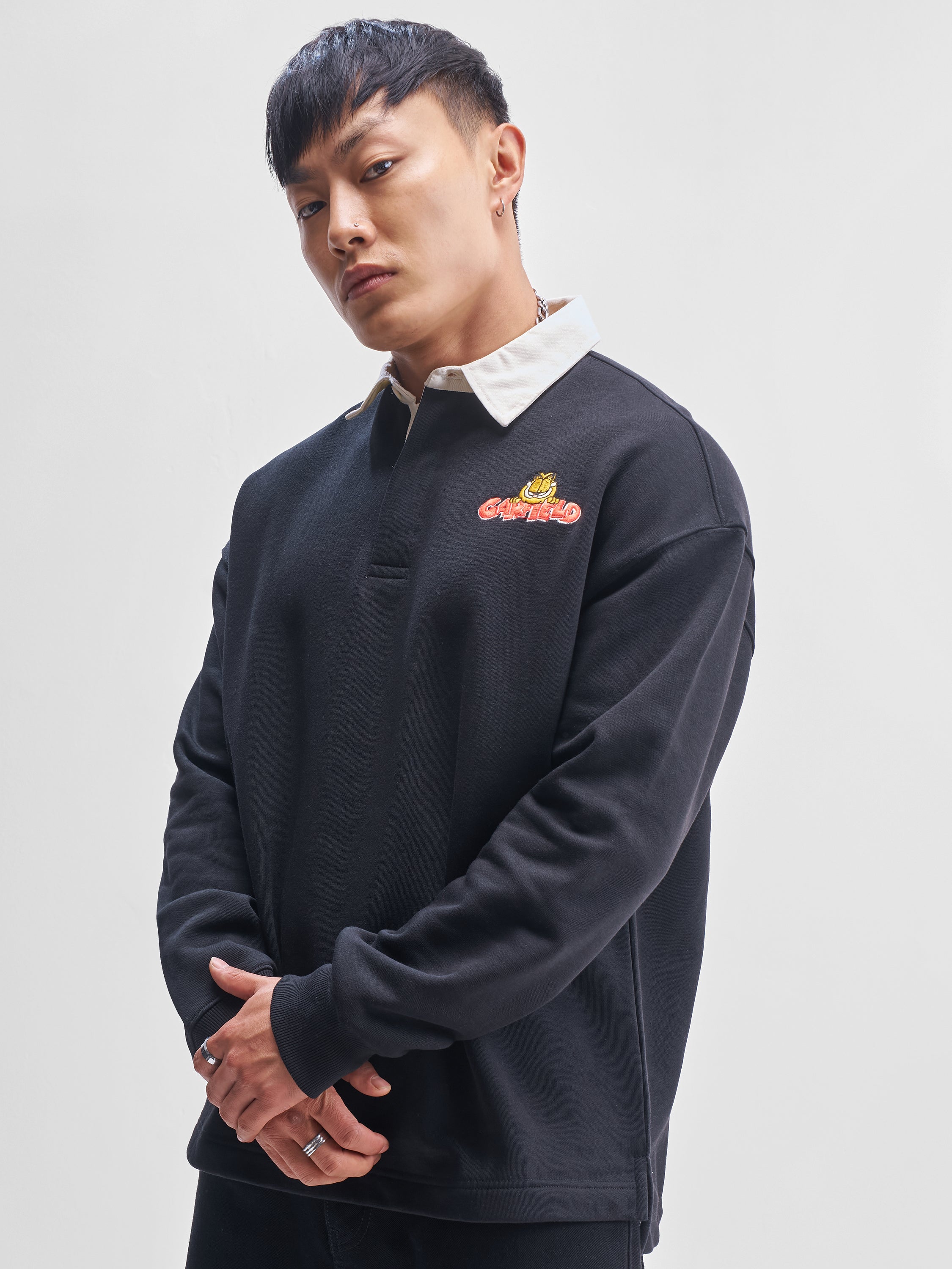 Highlander Men Black Garfield Shirt Collar Pullover Sweatshirt - Black - Image 4