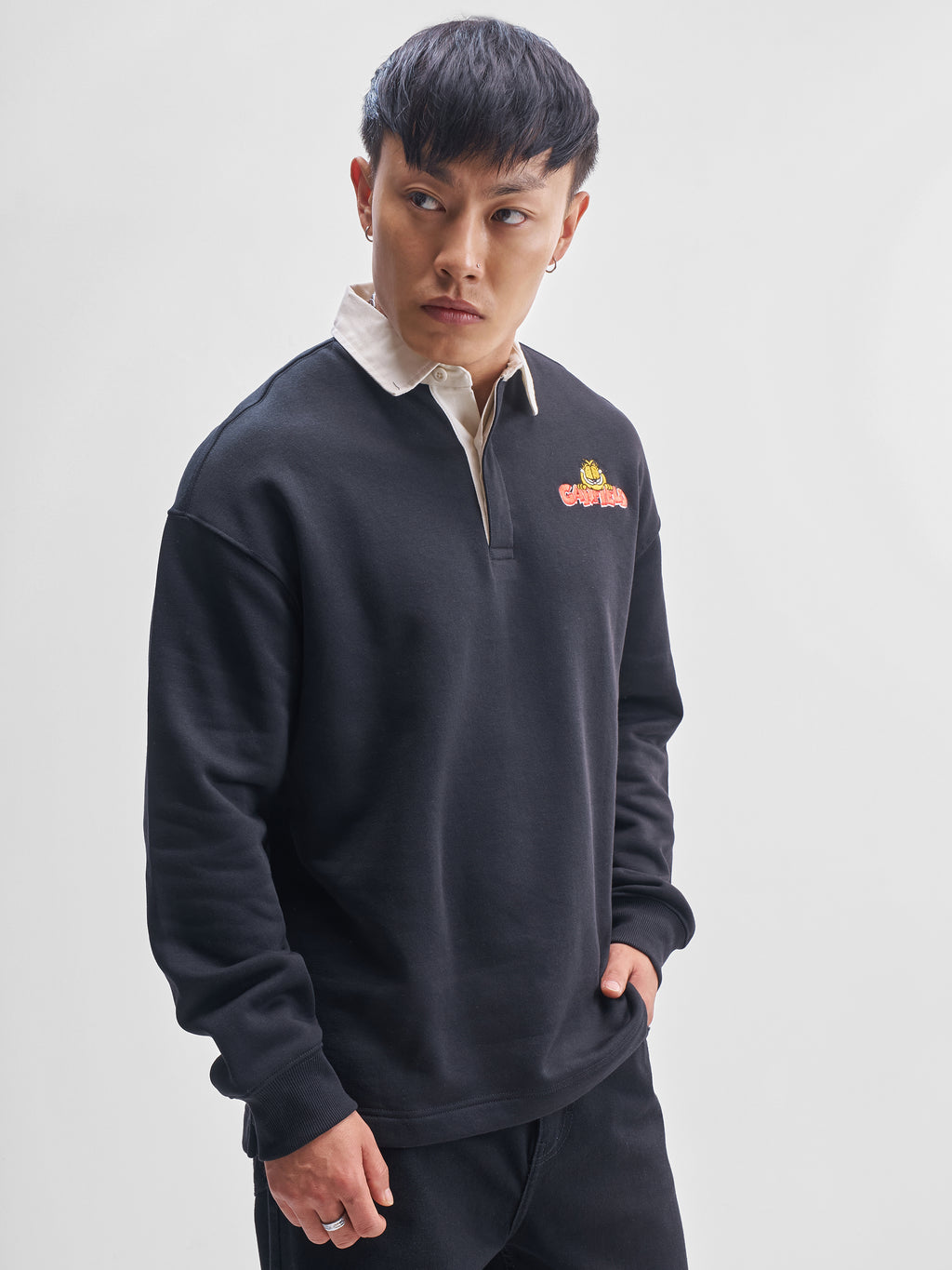 Highlander Men Black Garfield Shirt Collar Pullover Sweatshirt - Black - Image 6