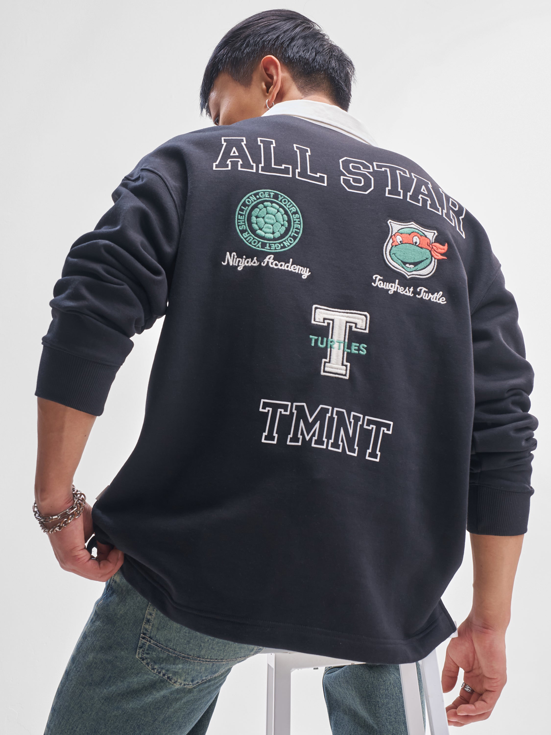 Highlander Men Black Ninja Turtles Shirt Collar Pullover Sweatshirt - Black - Image 1