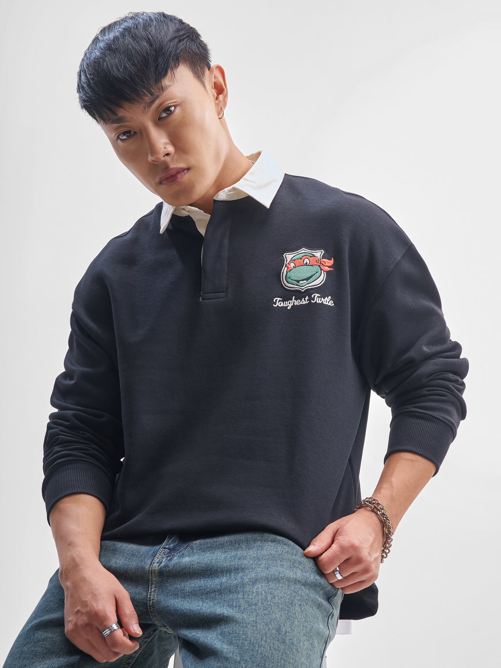 Highlander Men Black Ninja Turtles Shirt Collar Pullover Sweatshirt - Black - Image 3