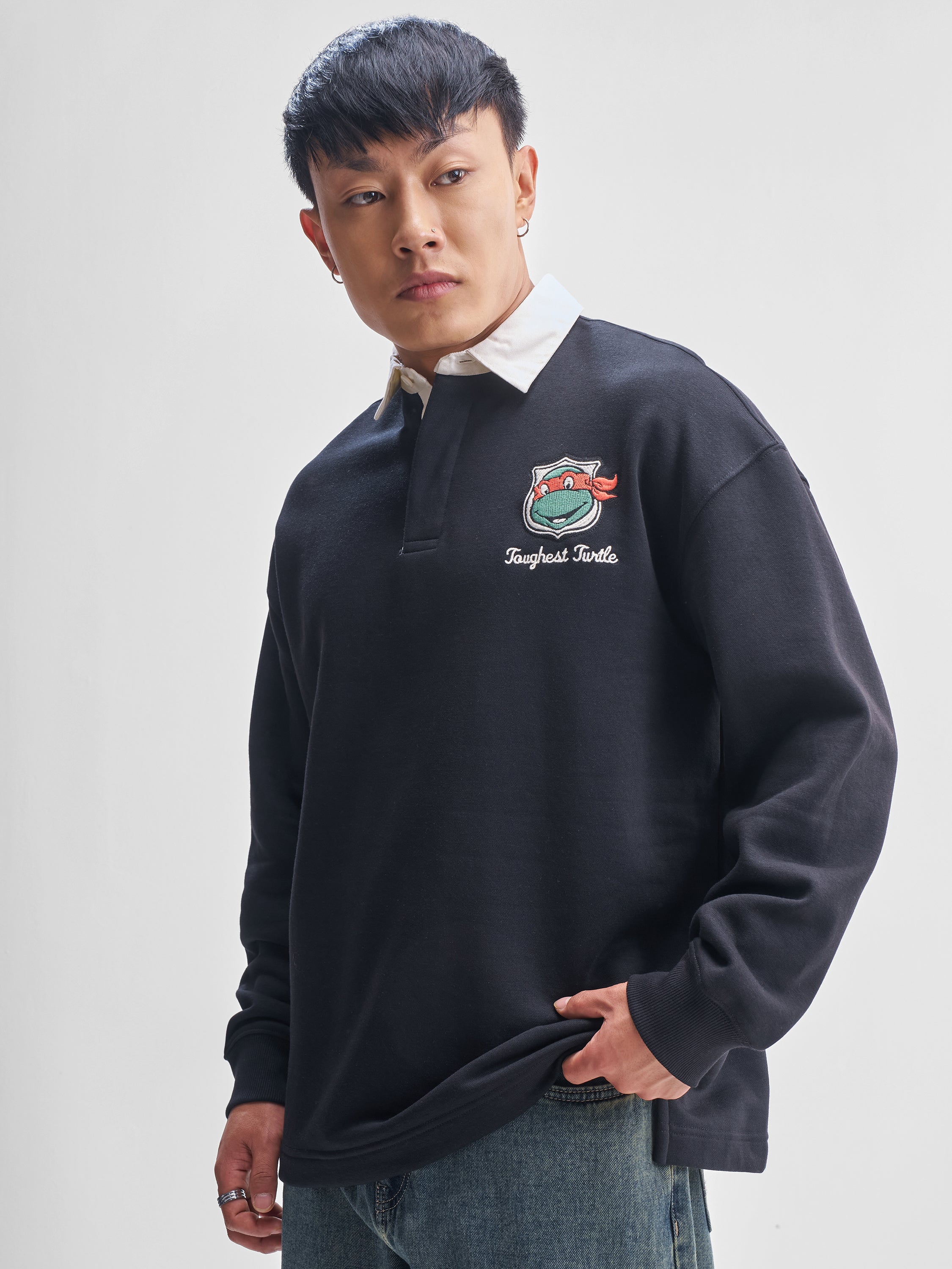 Highlander Men Black Ninja Turtles Shirt Collar Pullover Sweatshirt - Black - Image 4
