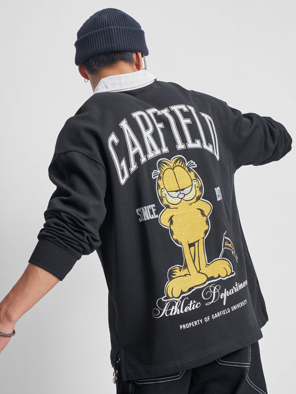 Highlander Men Black Garfield Shirt Collar Pullover Sweatshirt - Black - Image 1