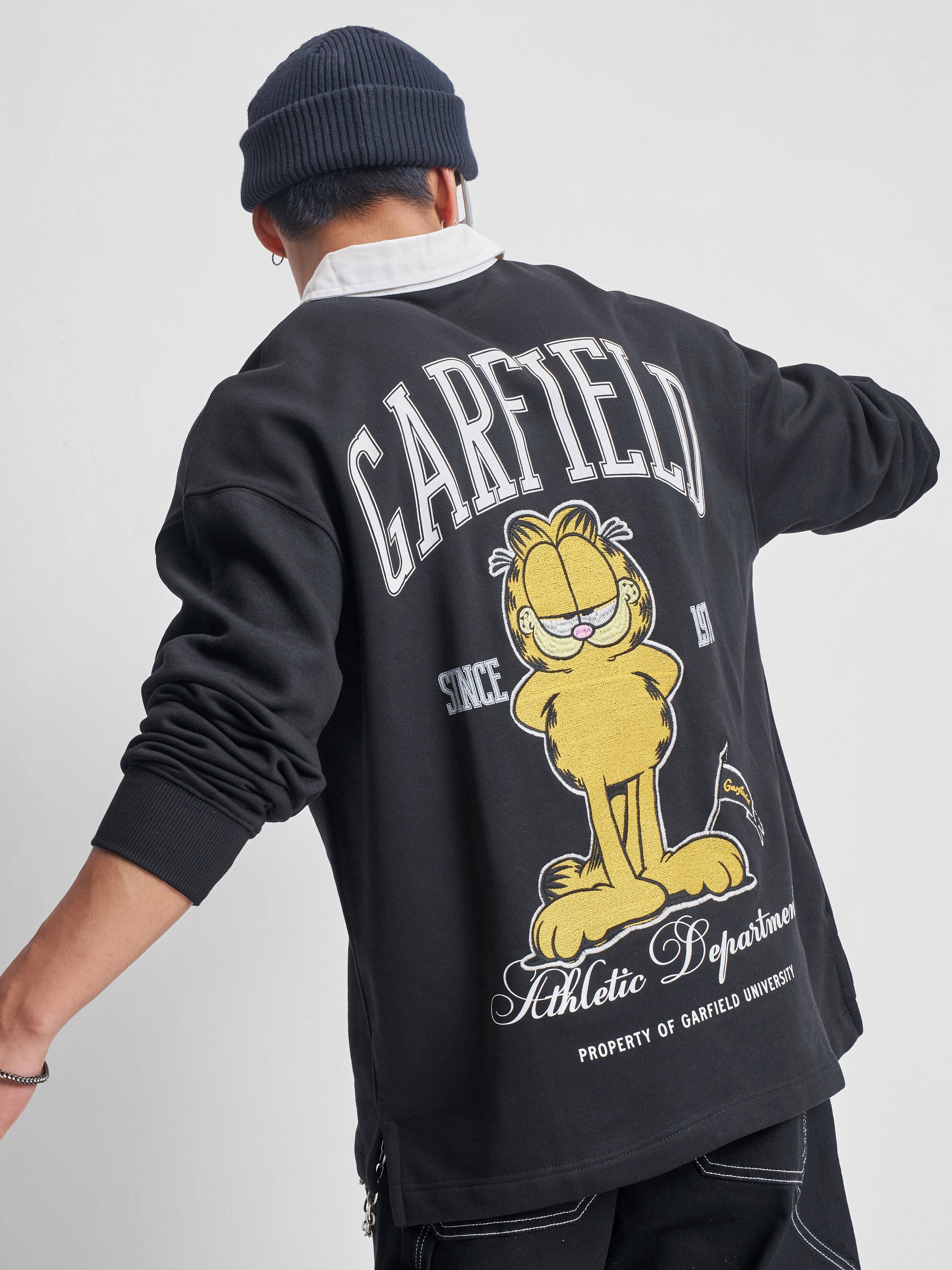 Highlander Men Black Garfield Shirt Collar Pullover Sweatshirt - Black - Image 1