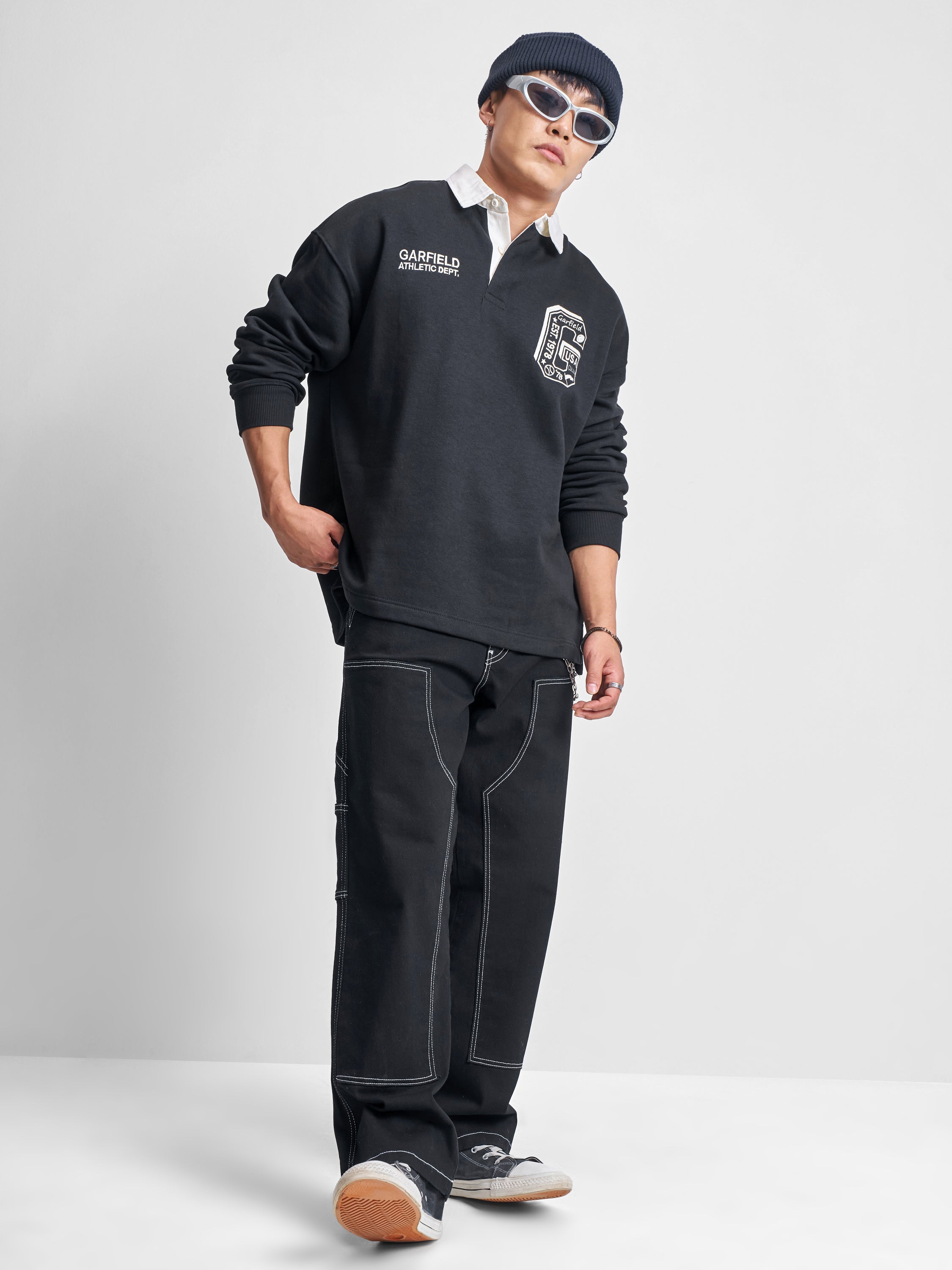 Highlander Men Black Garfield Shirt Collar Pullover Sweatshirt - Black - Image 2