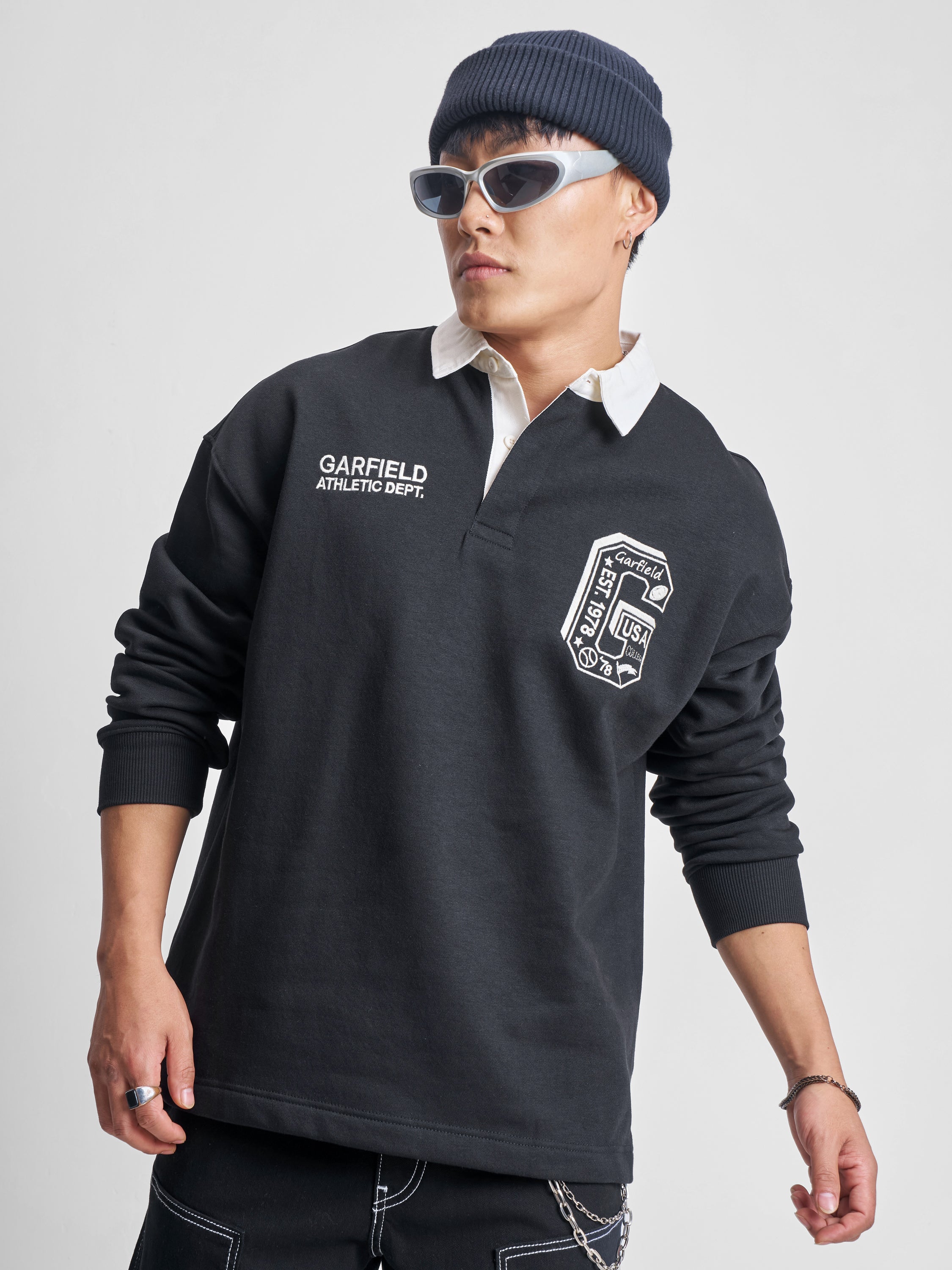 Highlander Men Black Garfield Shirt Collar Pullover Sweatshirt - Black - Image 3