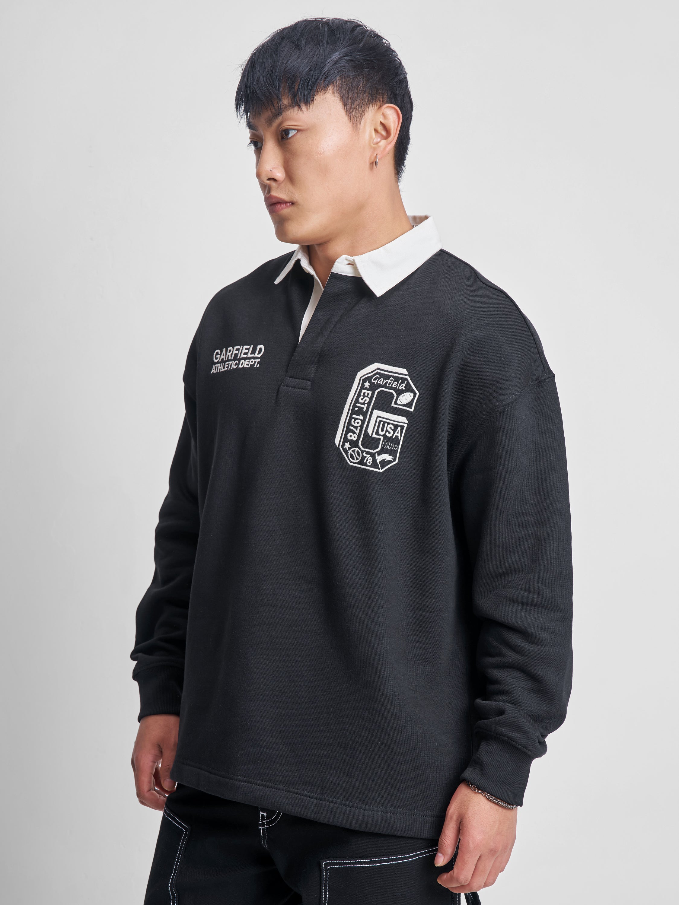 Highlander Men Black Garfield Shirt Collar Pullover Sweatshirt - Black - Image 4