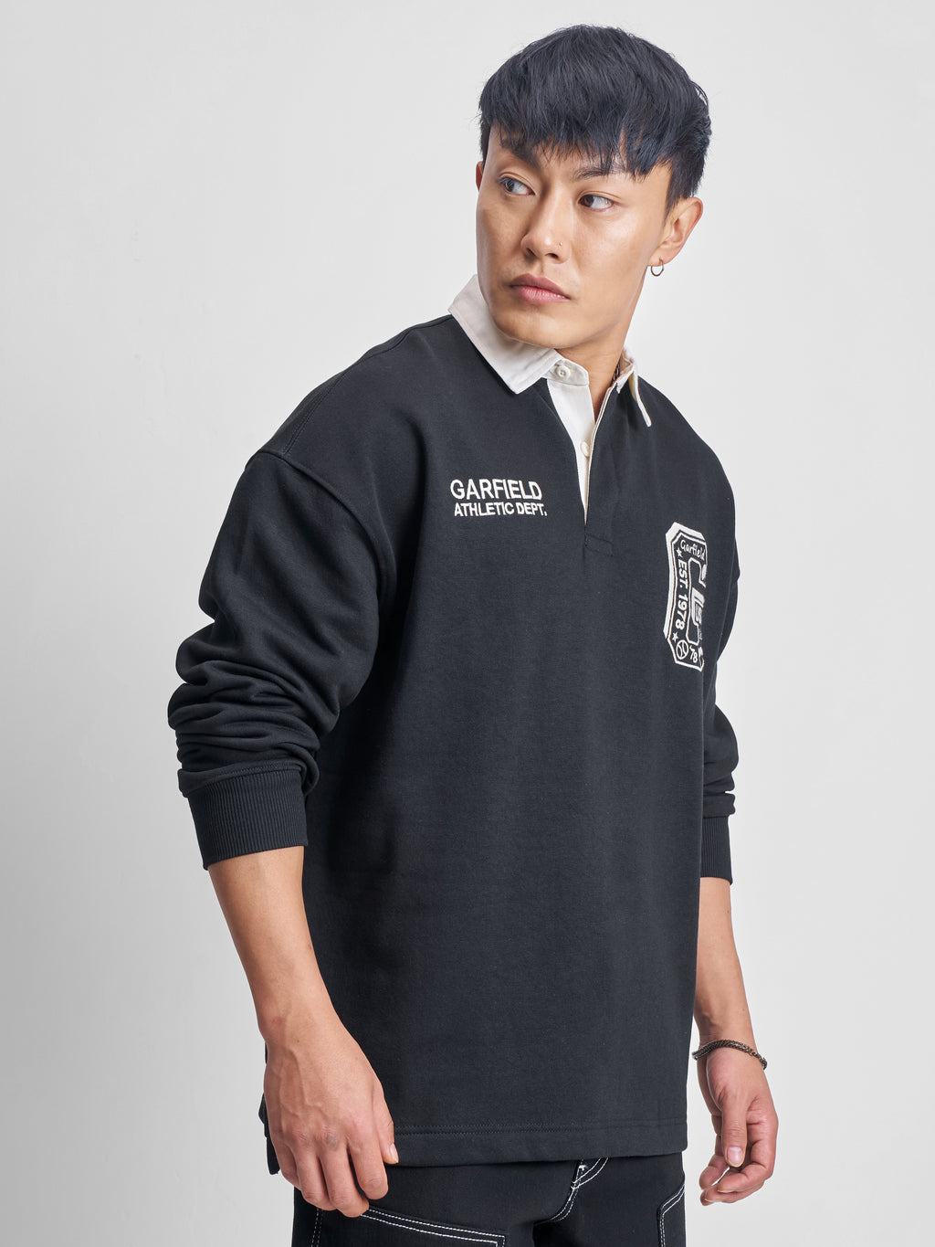 Highlander Men Black Garfield Shirt Collar Pullover Sweatshirt - Black - Image 6