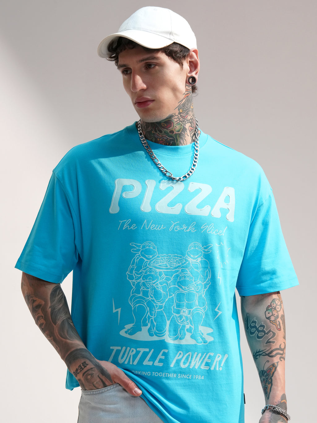 Highlander Men Blue Ninja Turtles Printed Round Neck Oversized Fit T-Shirt - Blue - Image 1