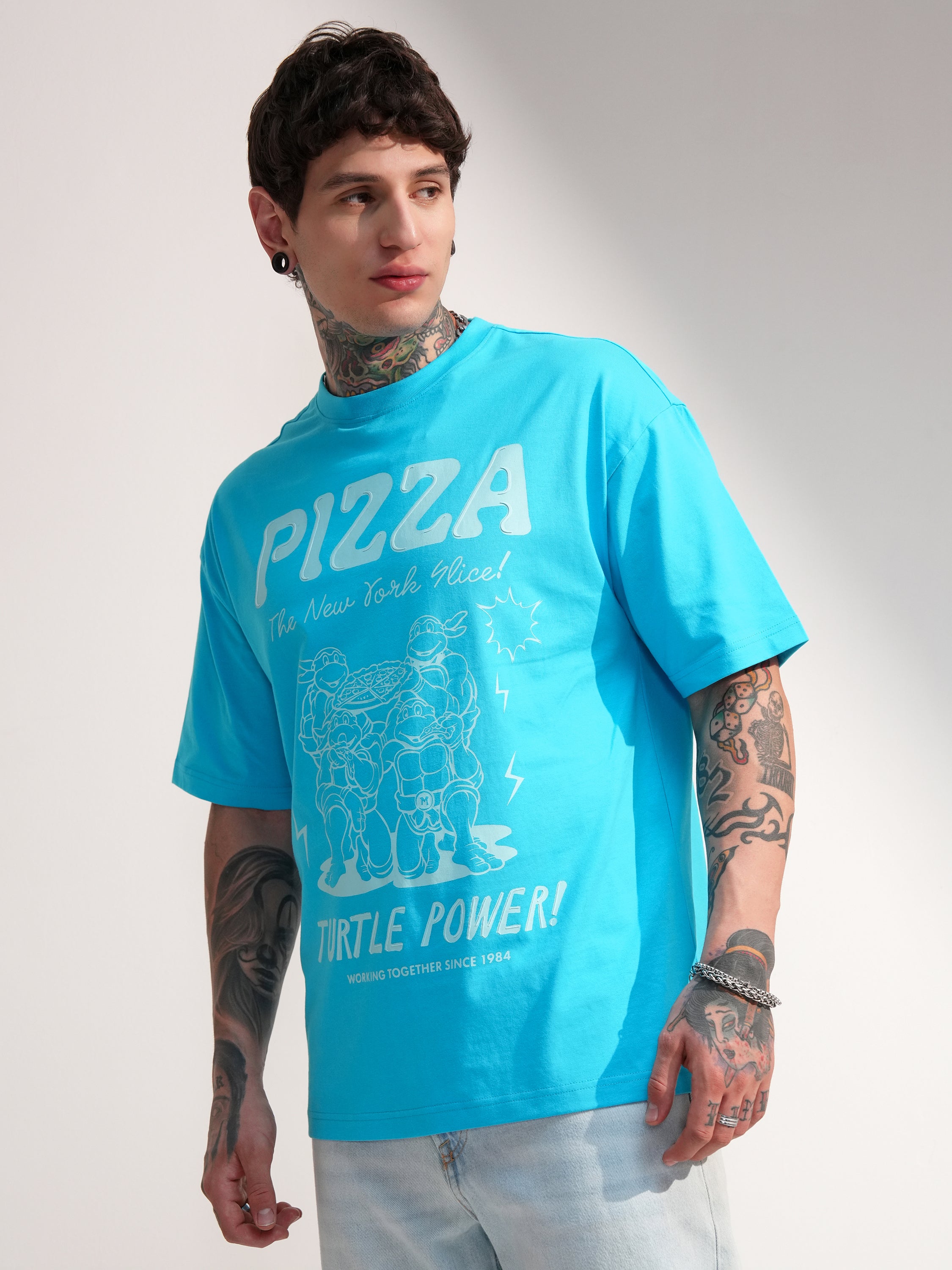 Highlander Men Blue Ninja Turtles Printed Round Neck Oversized Fit T-Shirt - Blue - Image 4