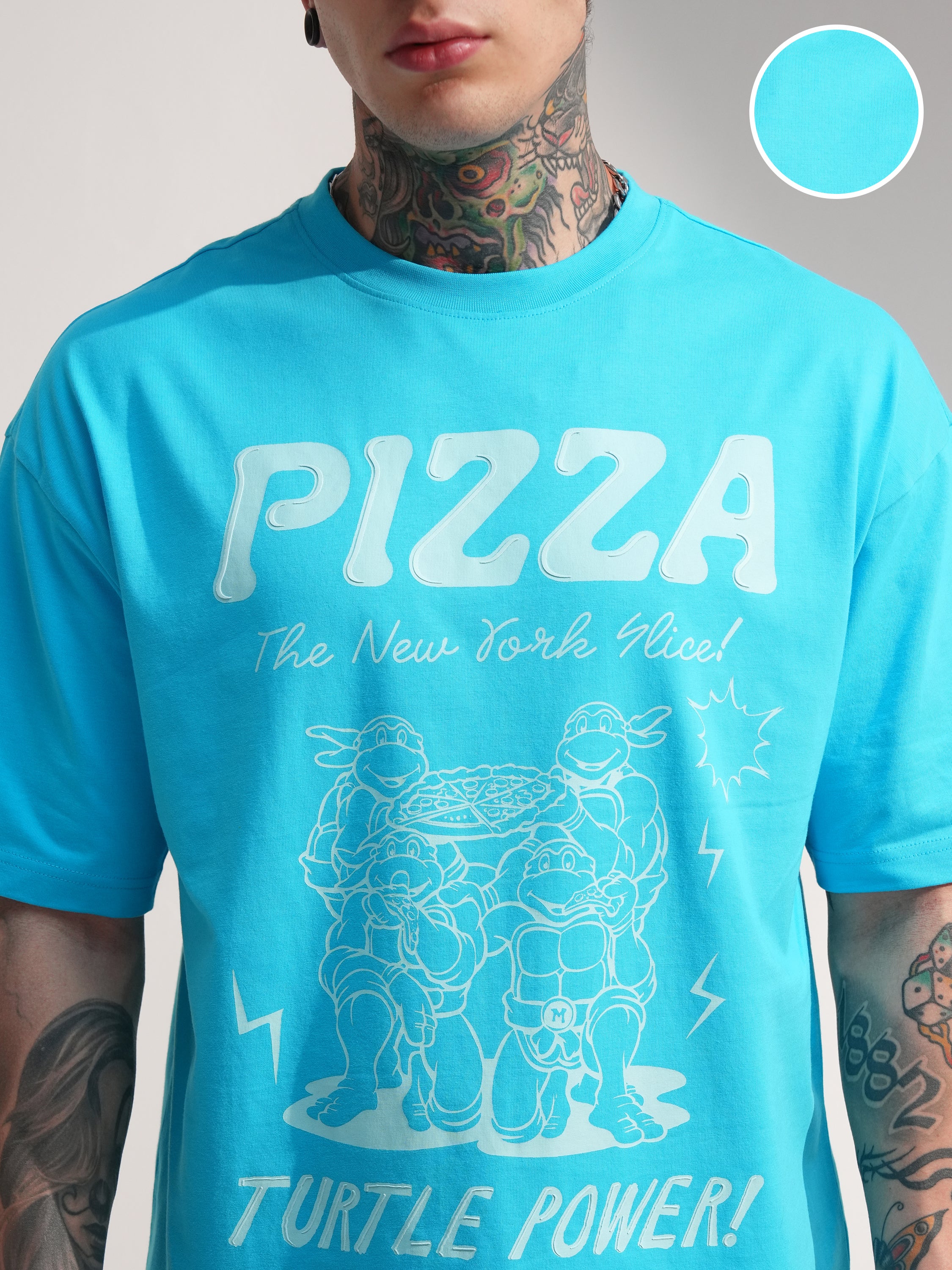Highlander Men Blue Ninja Turtles Printed Round Neck Oversized Fit T-Shirt - Blue - Image 5