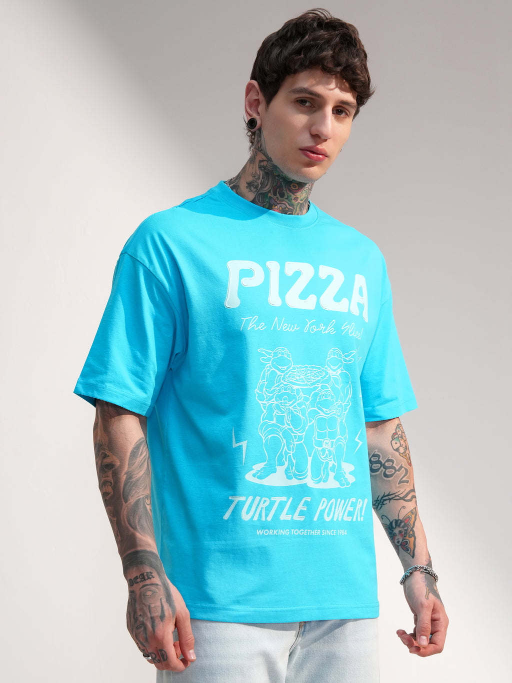 Highlander Men Blue Ninja Turtles Printed Round Neck Oversized Fit T-Shirt - Blue - Image 6