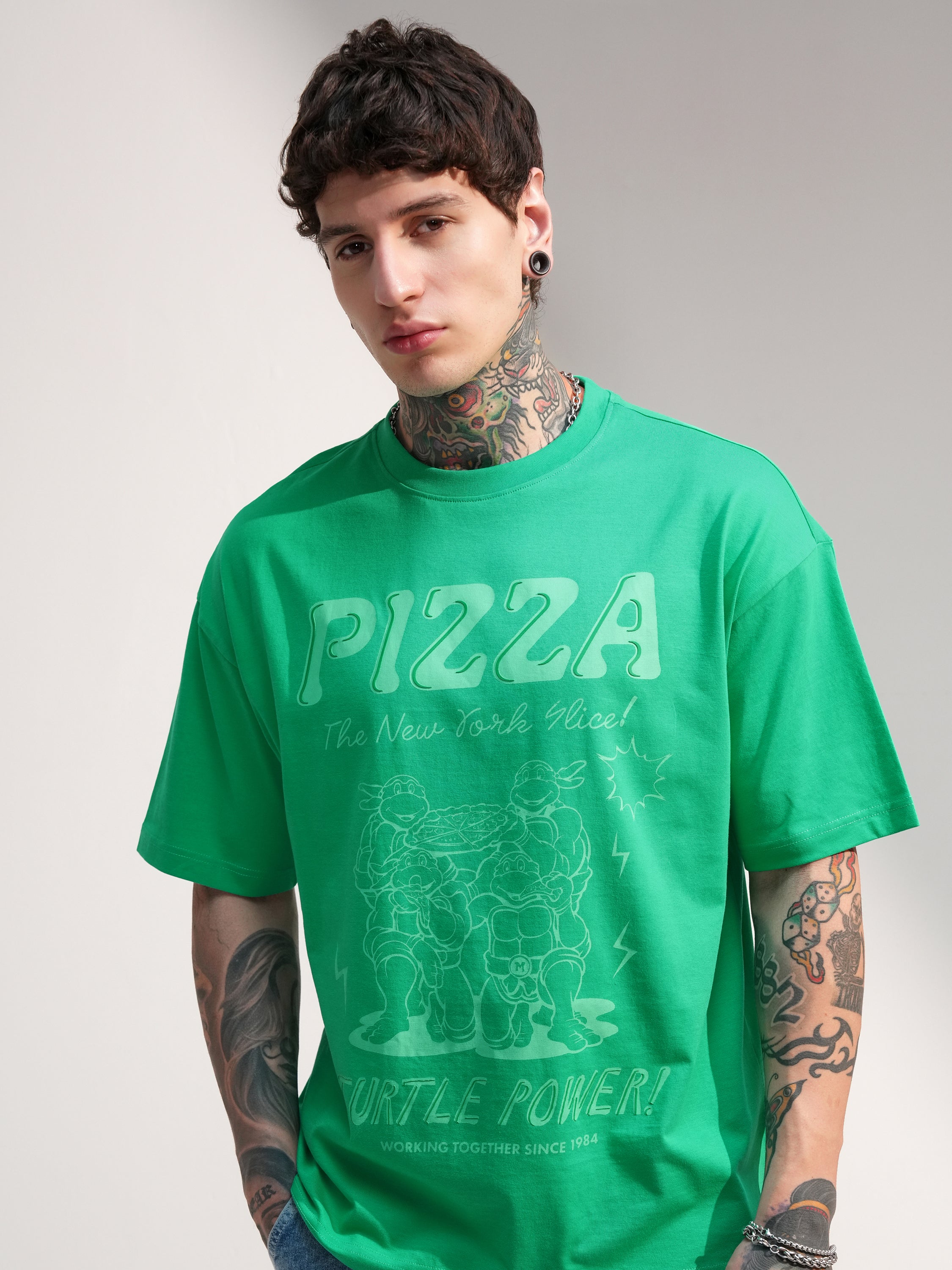Highlander Men Green Ninja Turtles Printed Round Neck Oversized Fit T-Shirt - Green - Image 1