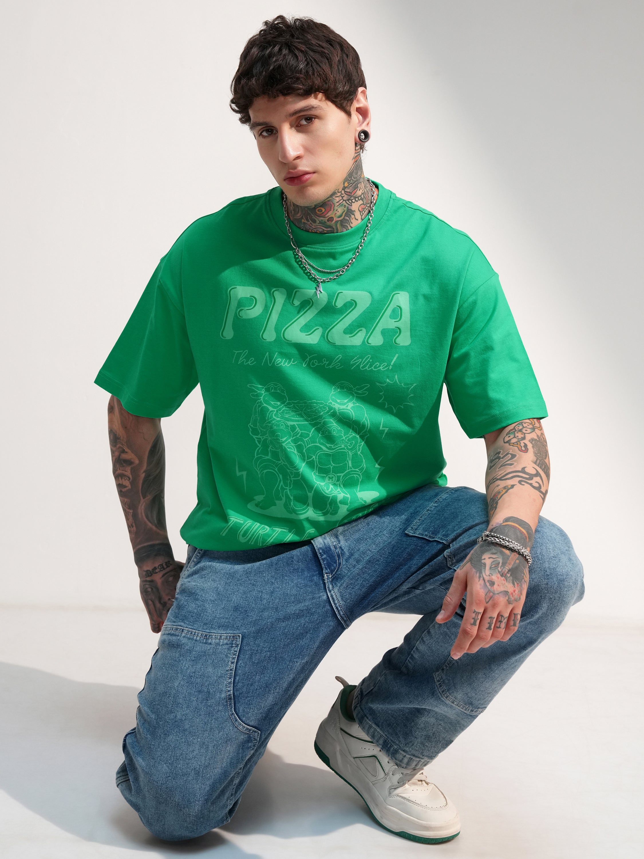 Highlander Men Green Ninja Turtles Printed Round Neck Oversized Fit T-Shirt - Green - Image 2