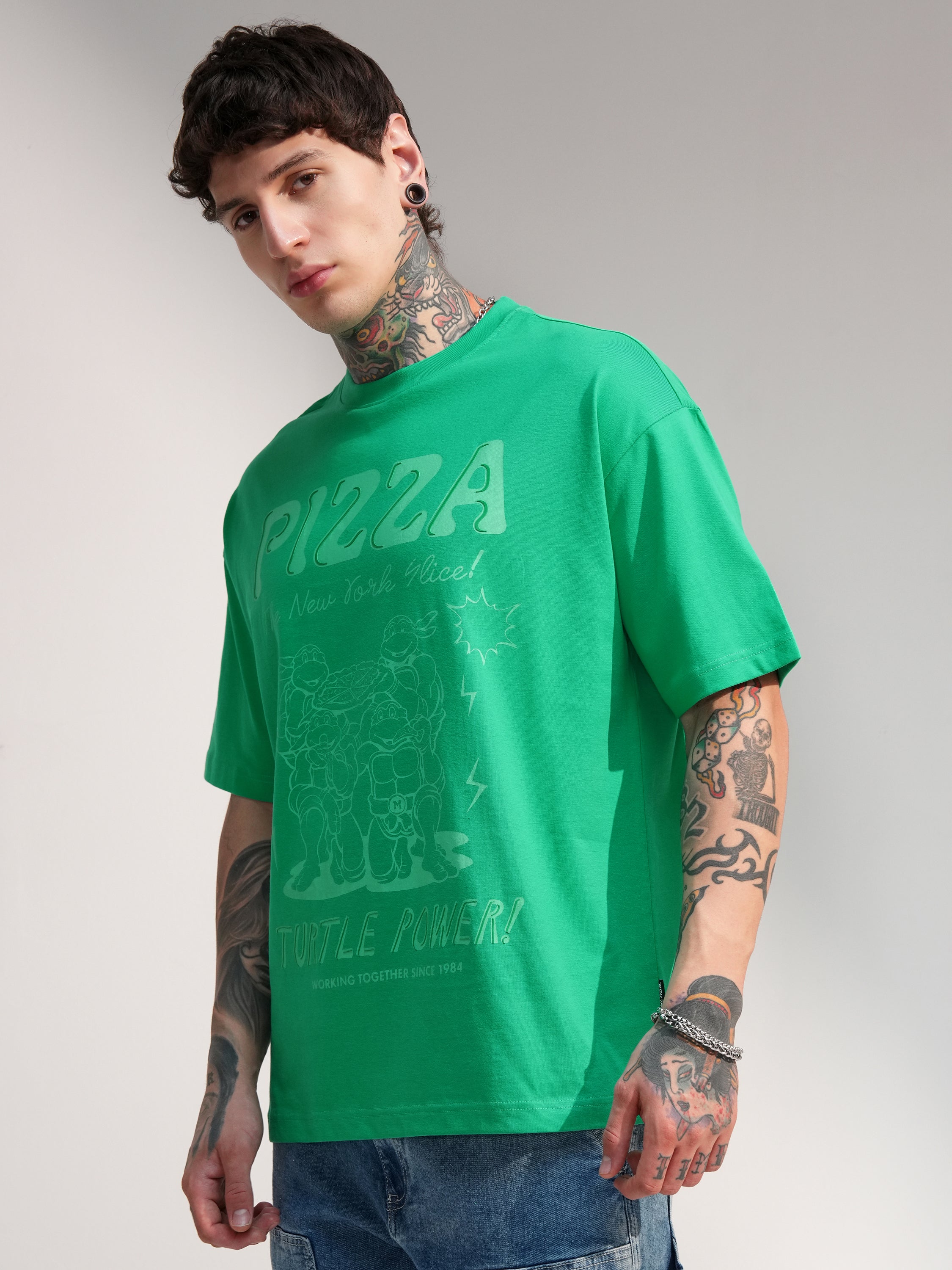 Highlander Men Green Ninja Turtles Printed Round Neck Oversized Fit T-Shirt - Green - Image 4