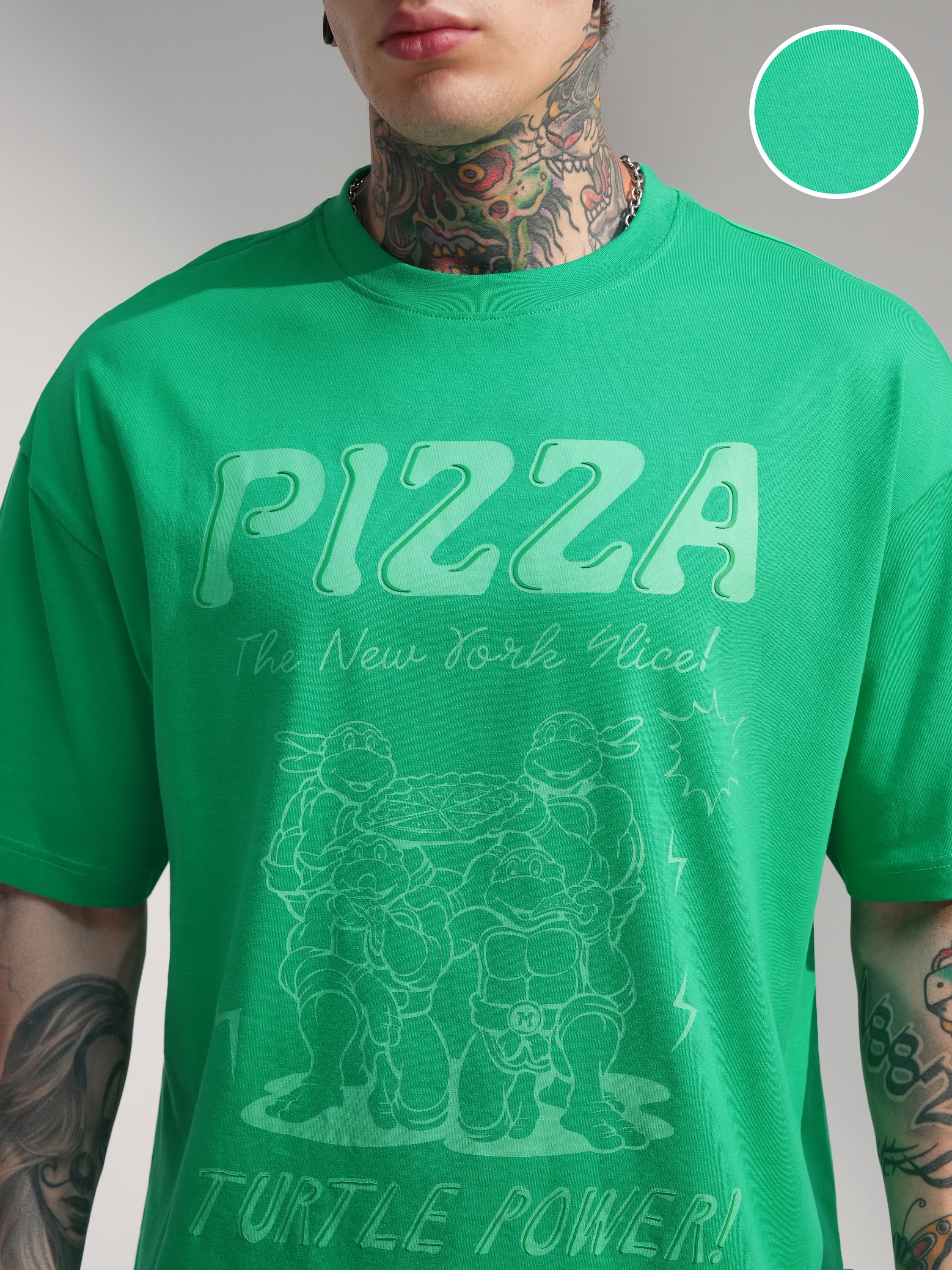Highlander Men Green Ninja Turtles Printed Round Neck Oversized Fit T-Shirt - Green - Image 5