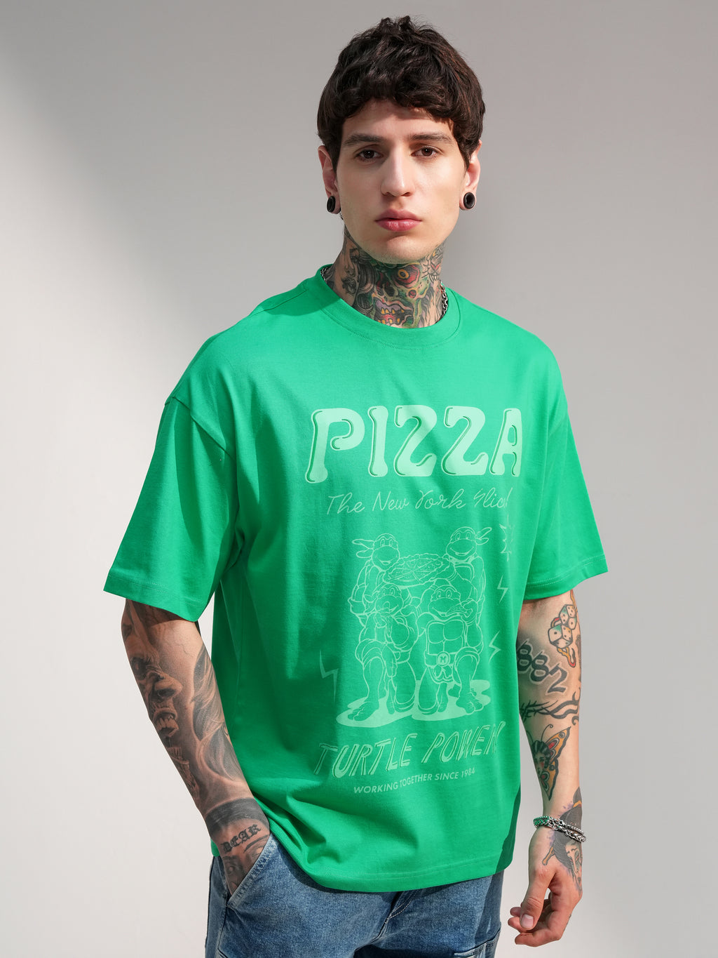 Highlander Men Green Ninja Turtles Printed Round Neck Oversized Fit T-Shirt - Green - Image 6