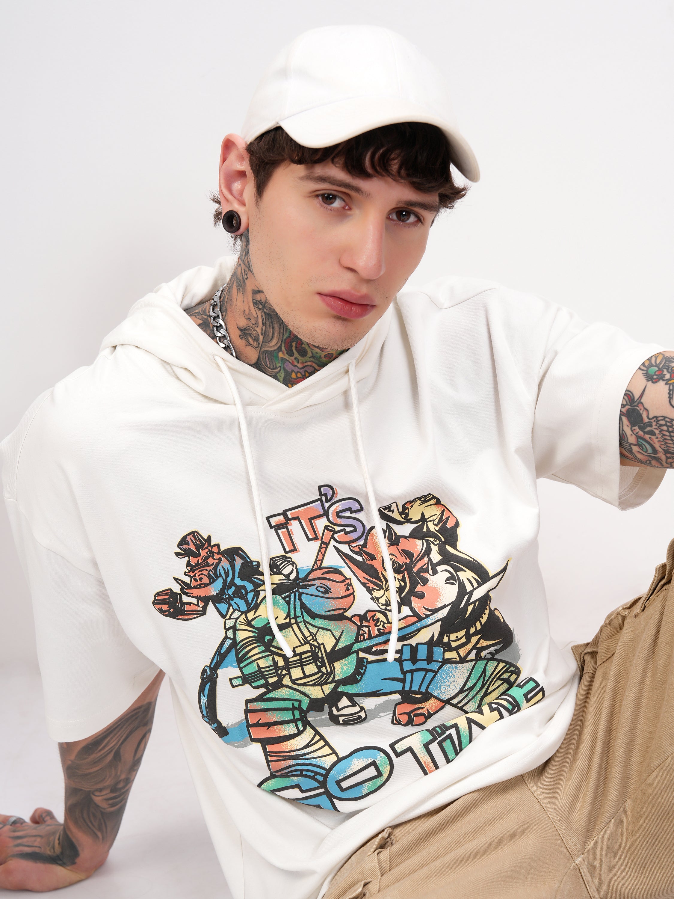 Highlander Men White Ninja Turtles Printed Hood Oversized Fit T-Shirt - White - Image 1