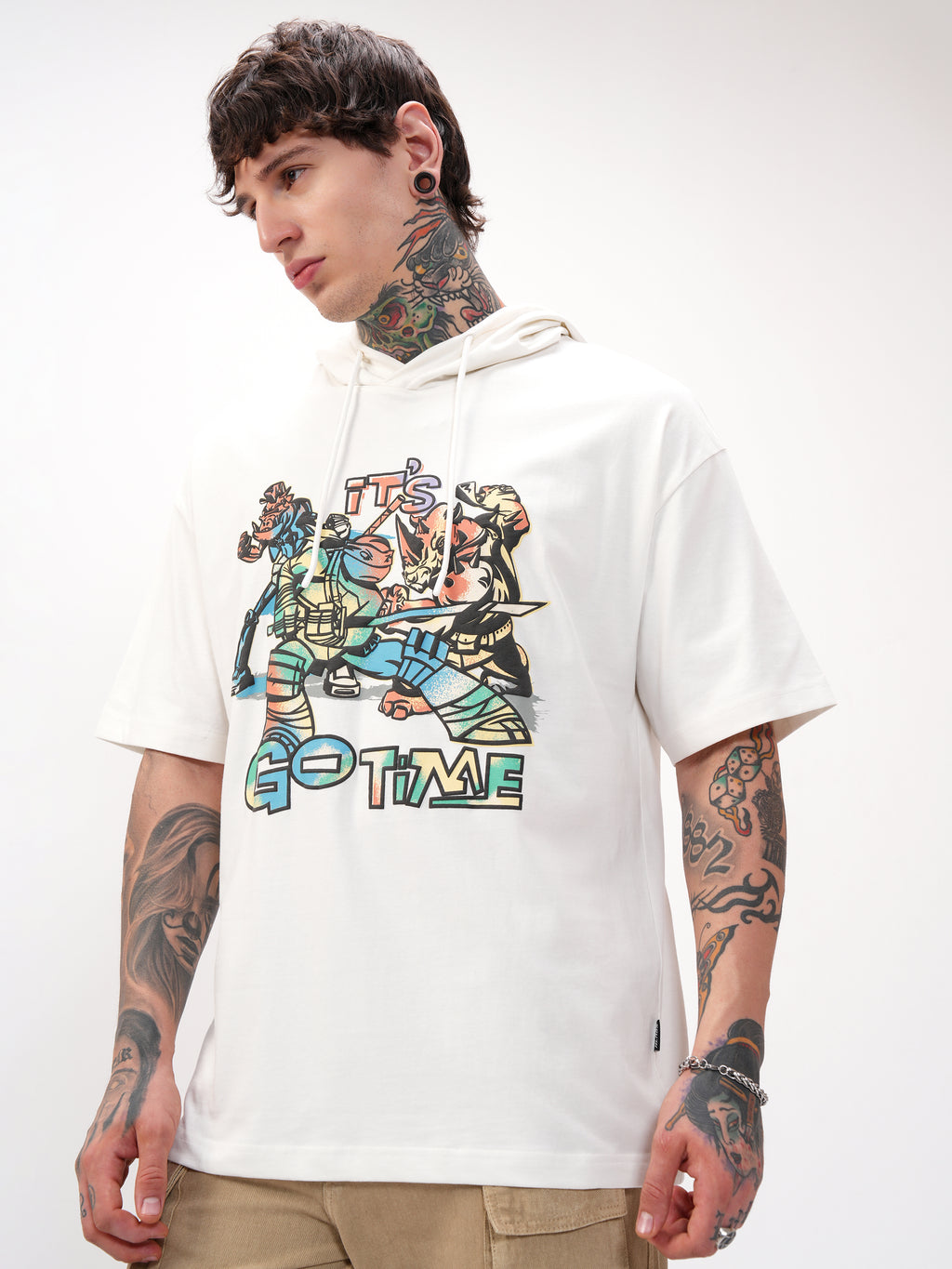 Highlander Men White Ninja Turtles Printed Hood Oversized Fit T-Shirt - White - Image 4