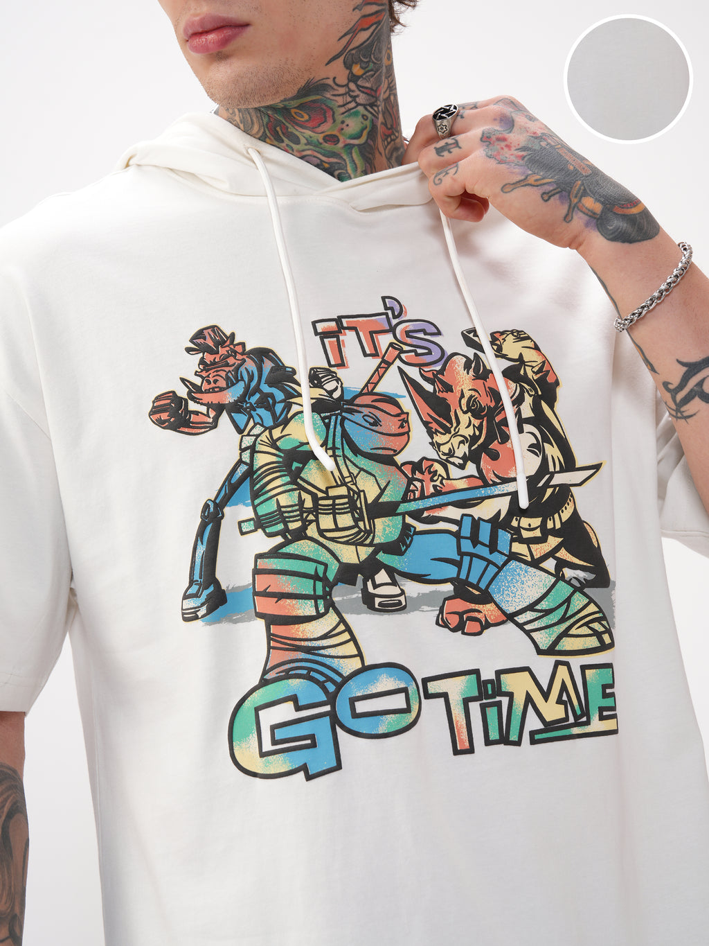 Highlander Men White Ninja Turtles Printed Hood Oversized Fit T-Shirt - White - Image 5