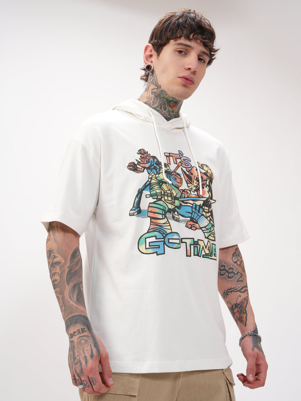 Highlander Men White Ninja Turtles Printed Hood Oversized Fit T-Shirt - White - Image 6