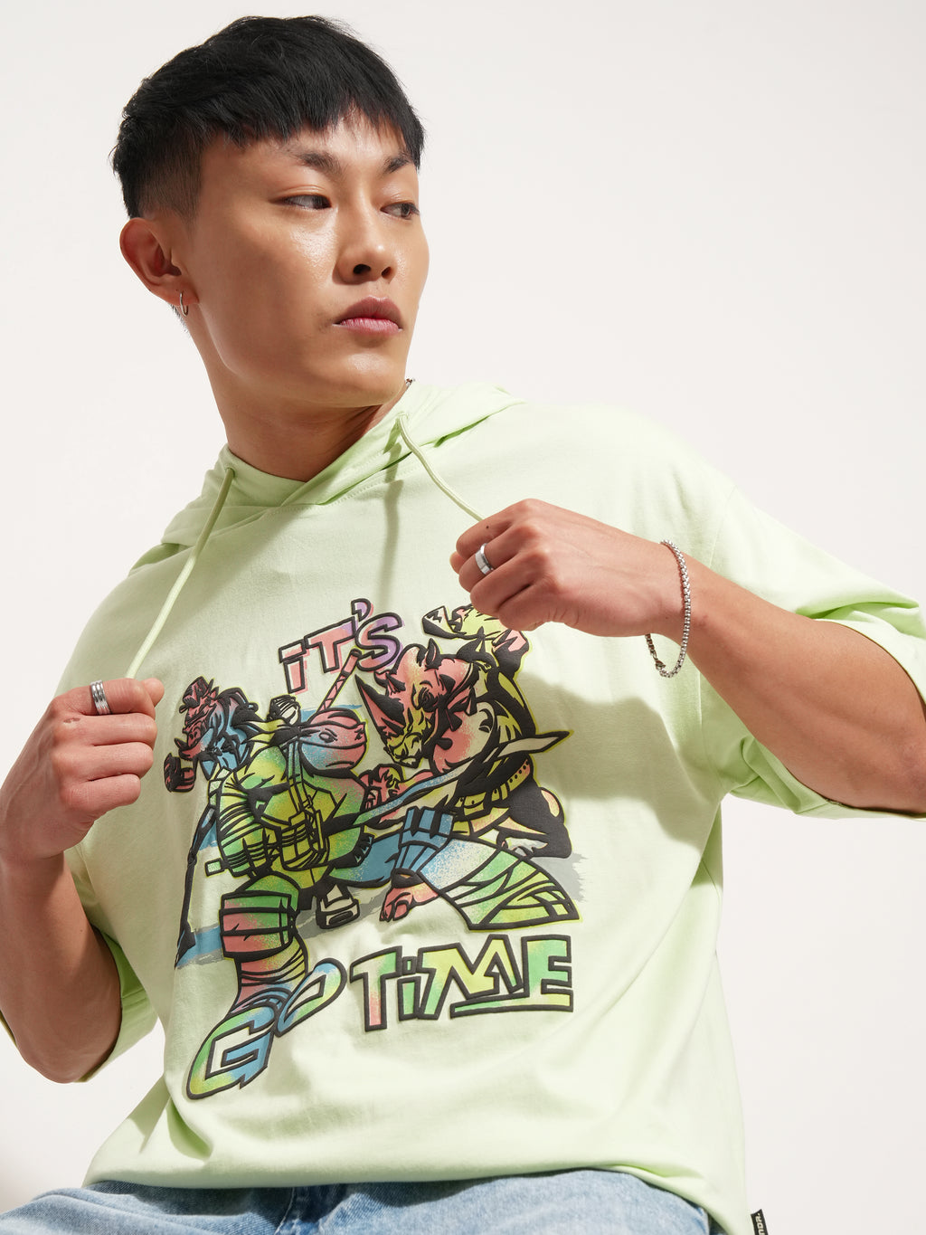 Highlander Men Green Ninja Turtles Printed Hood Oversized Fit T-Shirt - Green - Image 1