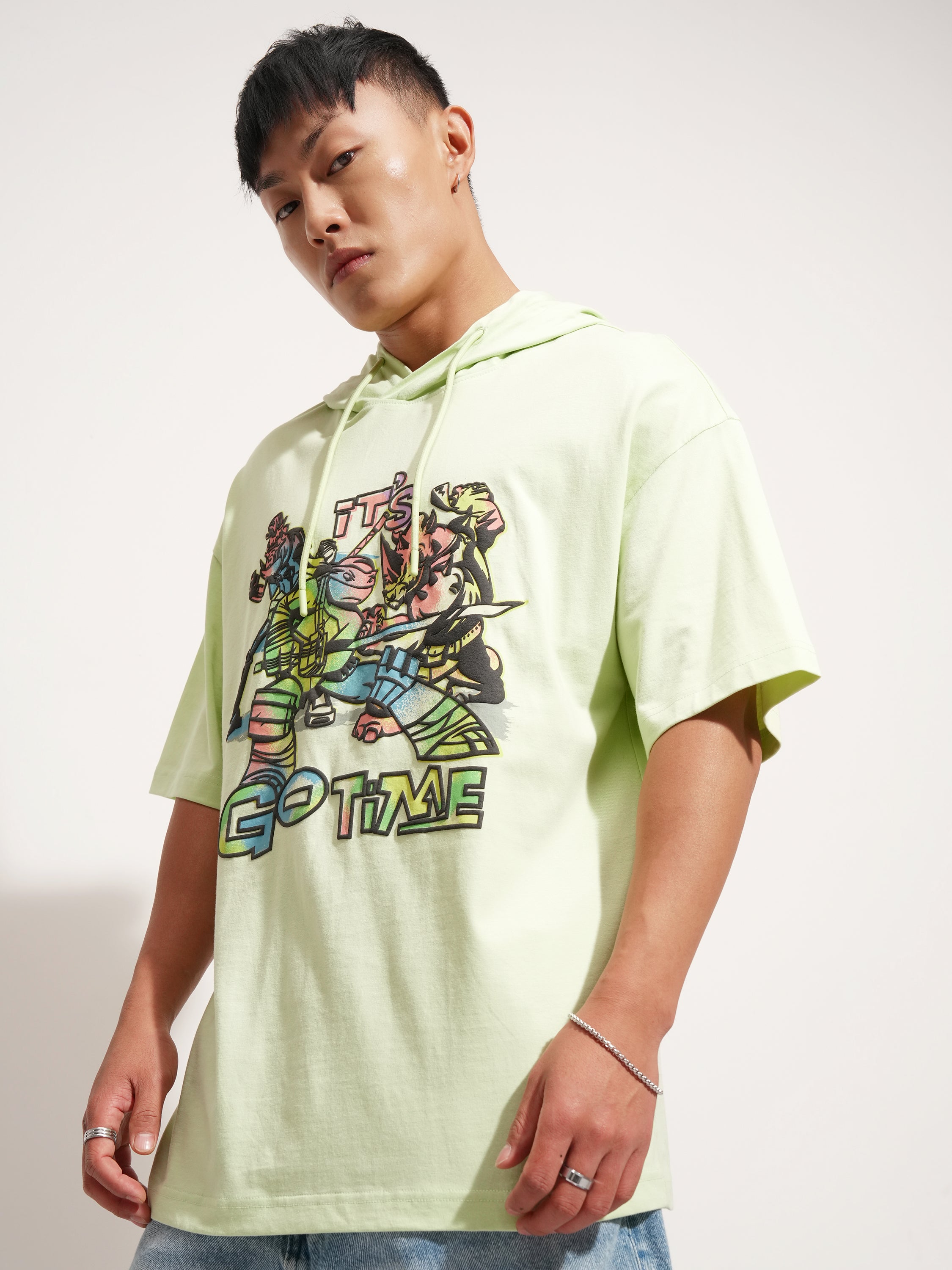 Highlander Men Green Ninja Turtles Printed Hood Oversized Fit T-Shirt - Green - Image 4