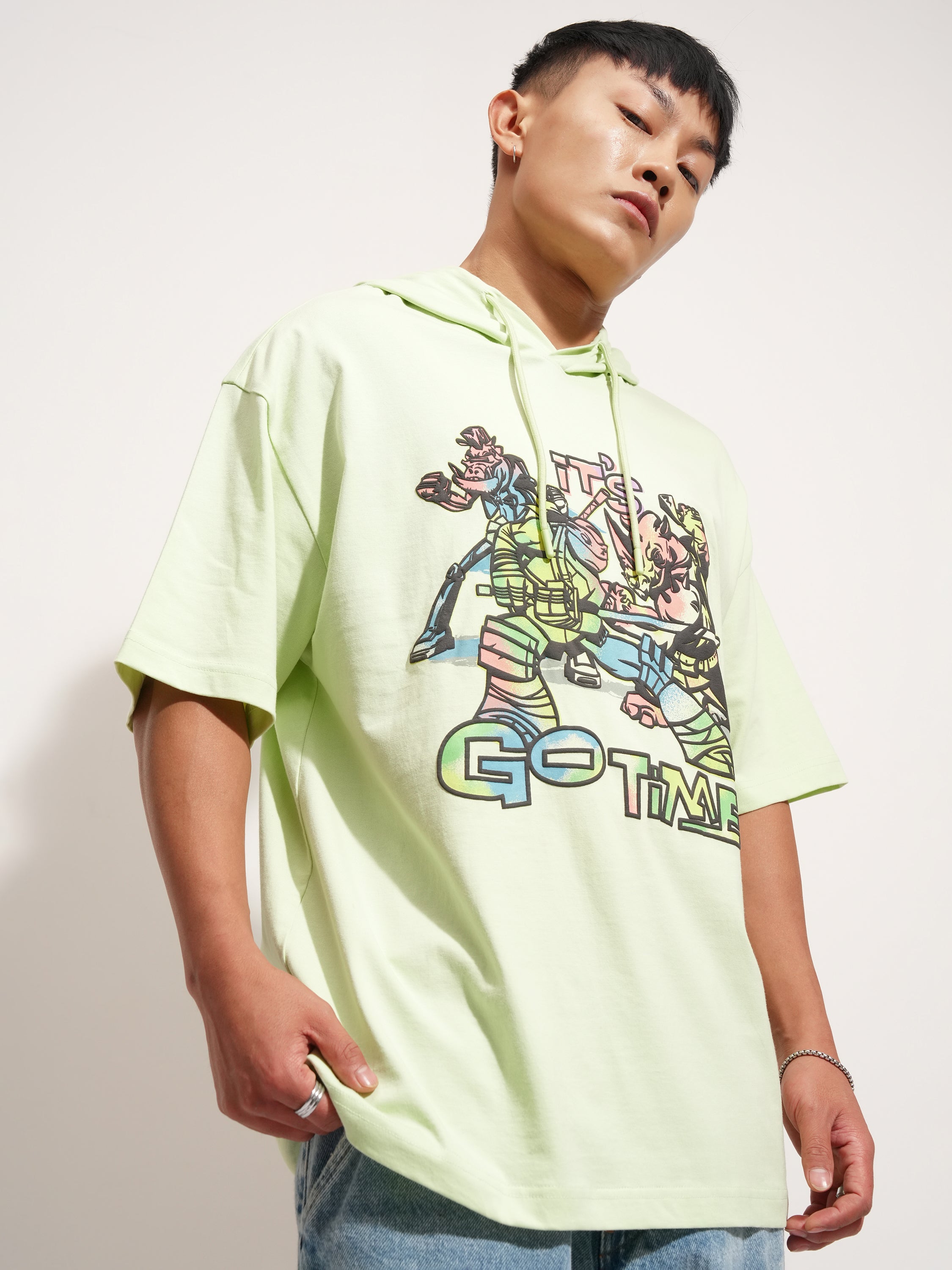 Highlander Men Green Ninja Turtles Printed Hood Oversized Fit T-Shirt - Green - Image 6