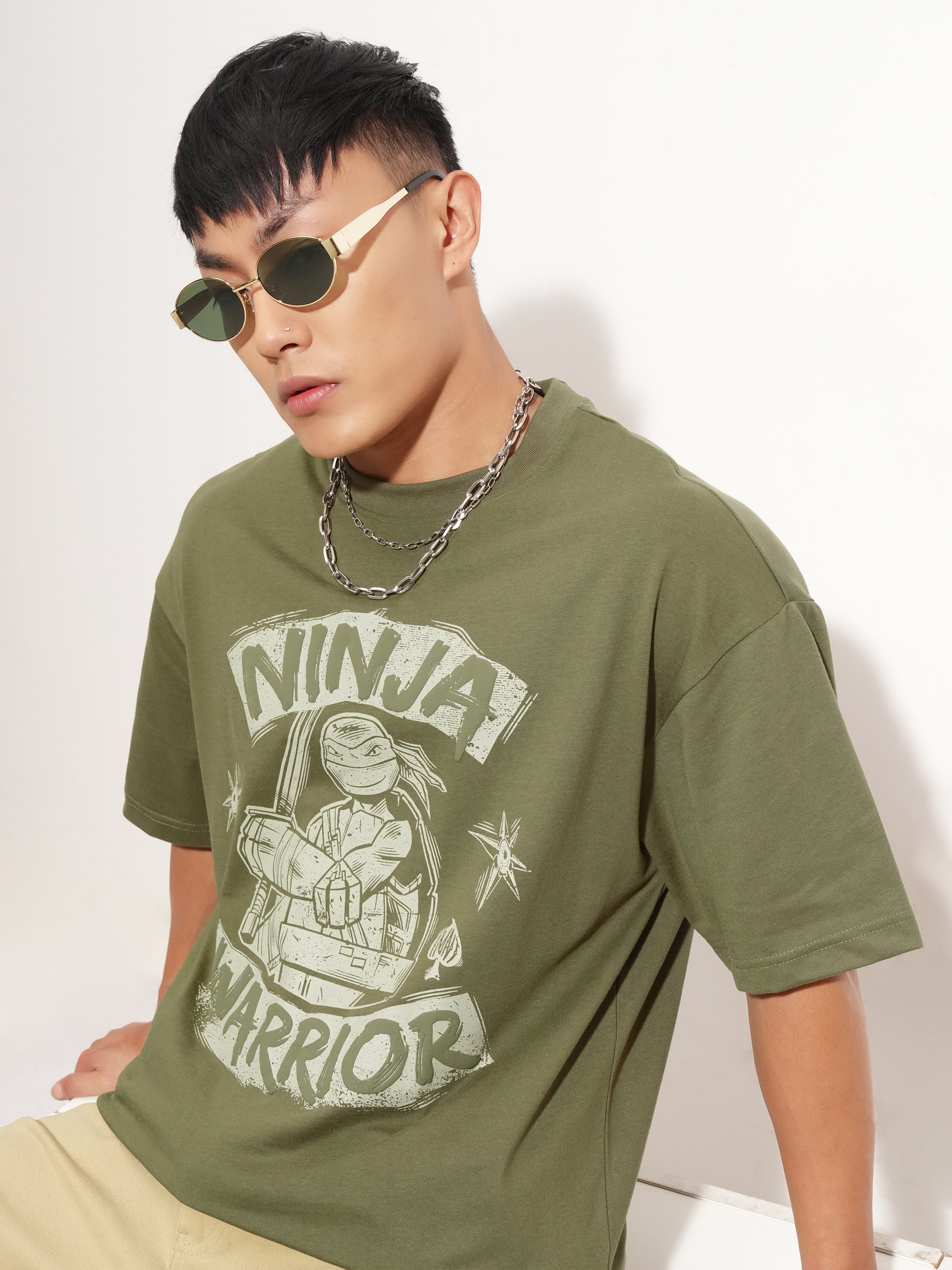 Highlander Men Olive Ninja Turtles Printed Round Neck Oversized Fit T-Shirt - Olive - Image 1