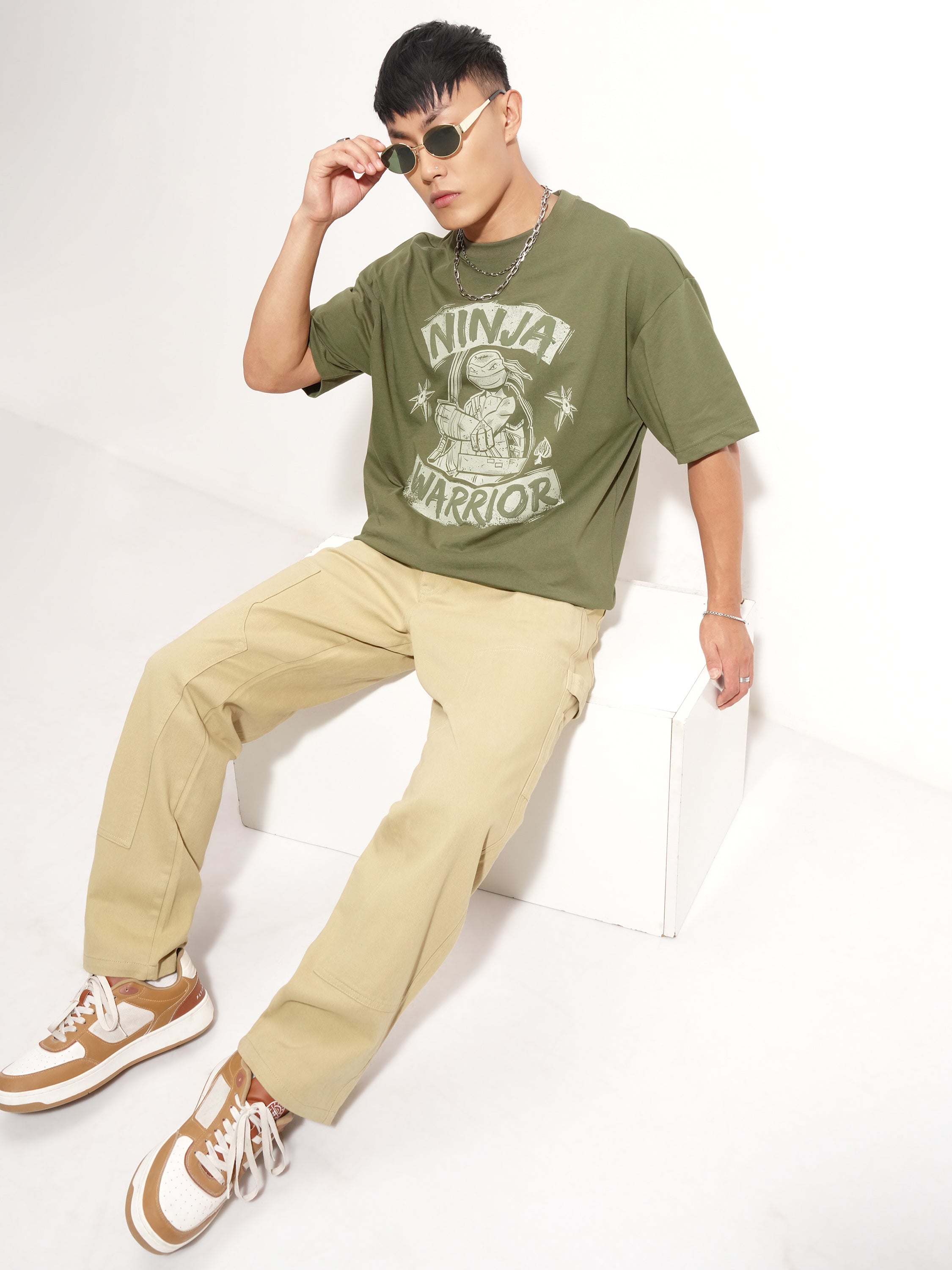 Highlander Men Olive Ninja Turtles Printed Round Neck Oversized Fit T-Shirt - Olive - Image 2