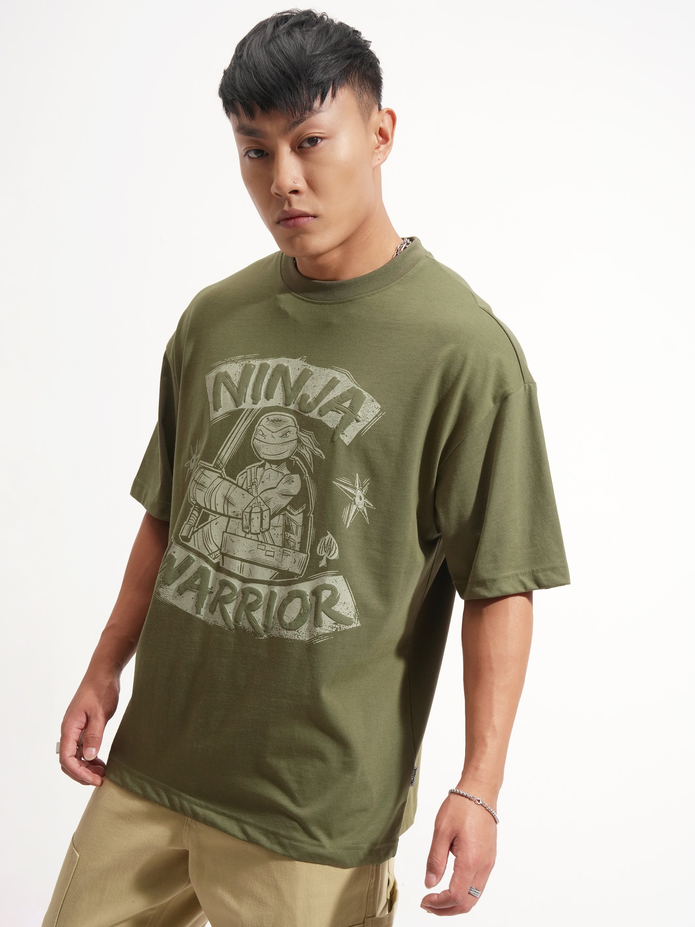 Highlander Men Olive Ninja Turtles Printed Round Neck Oversized Fit T-Shirt - Olive - Image 4