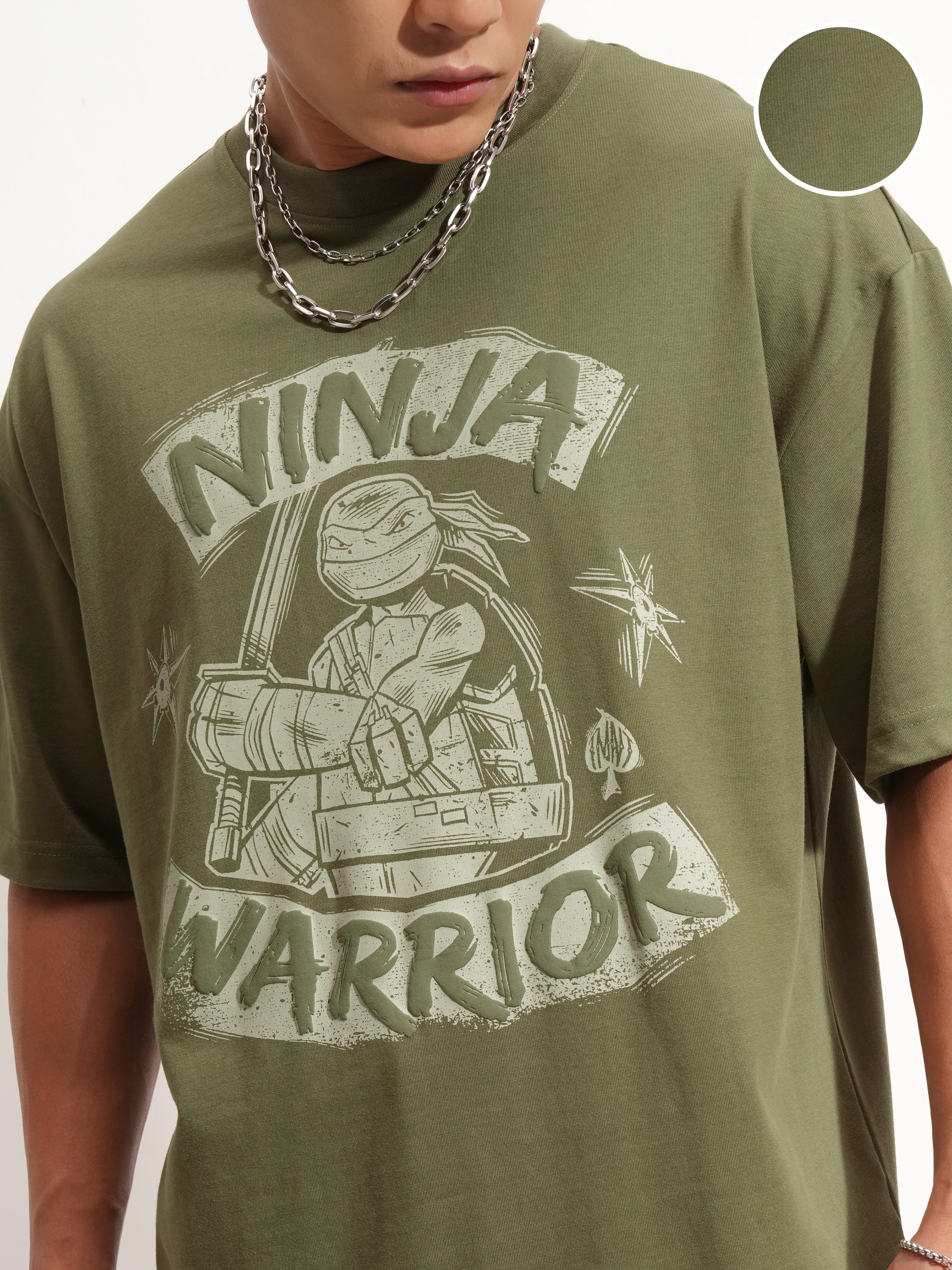 Highlander Men Olive Ninja Turtles Printed Round Neck Oversized Fit T-Shirt - Olive - Image 5