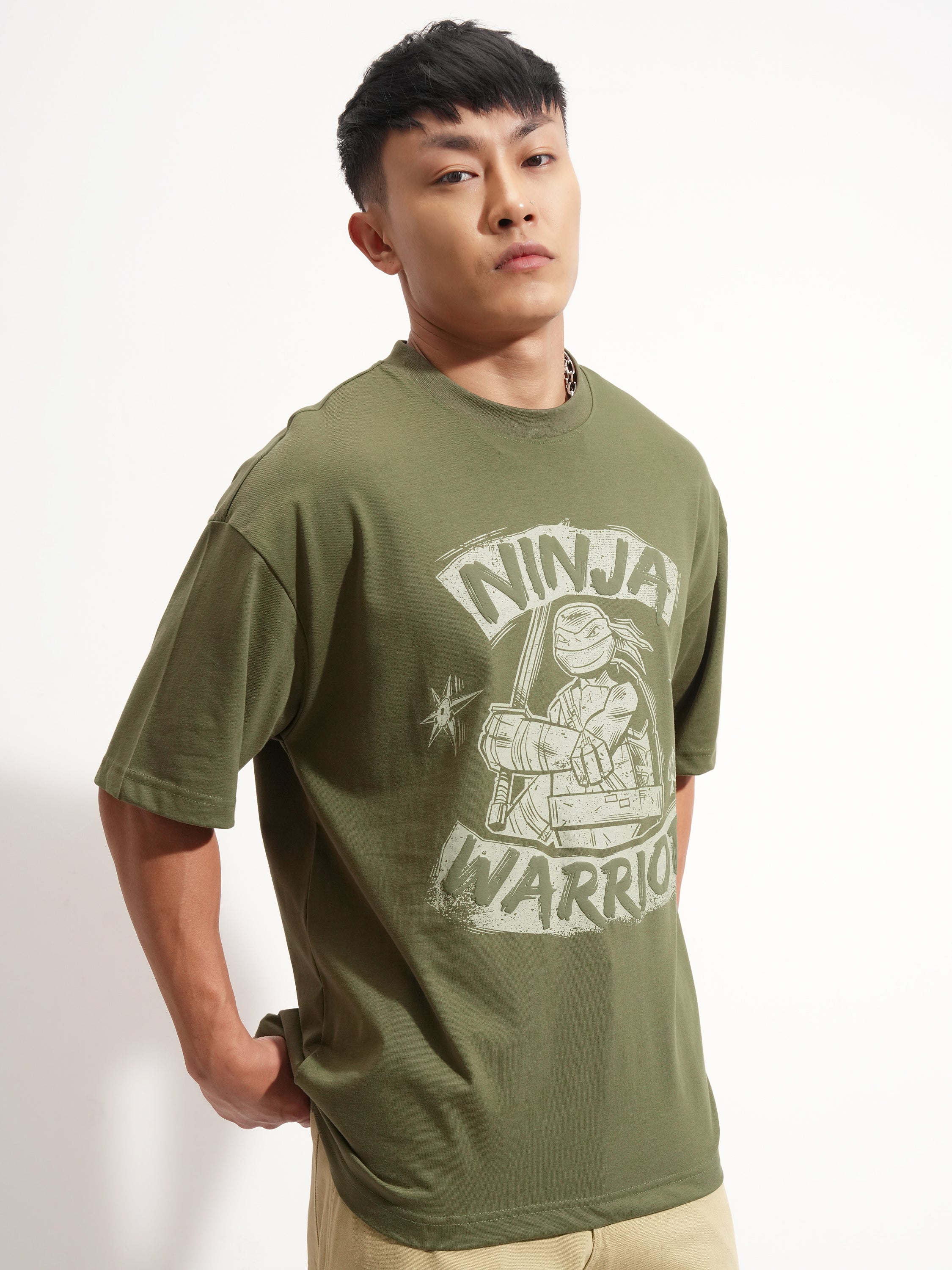 Highlander Men Olive Ninja Turtles Printed Round Neck Oversized Fit T-Shirt - Olive - Image 6