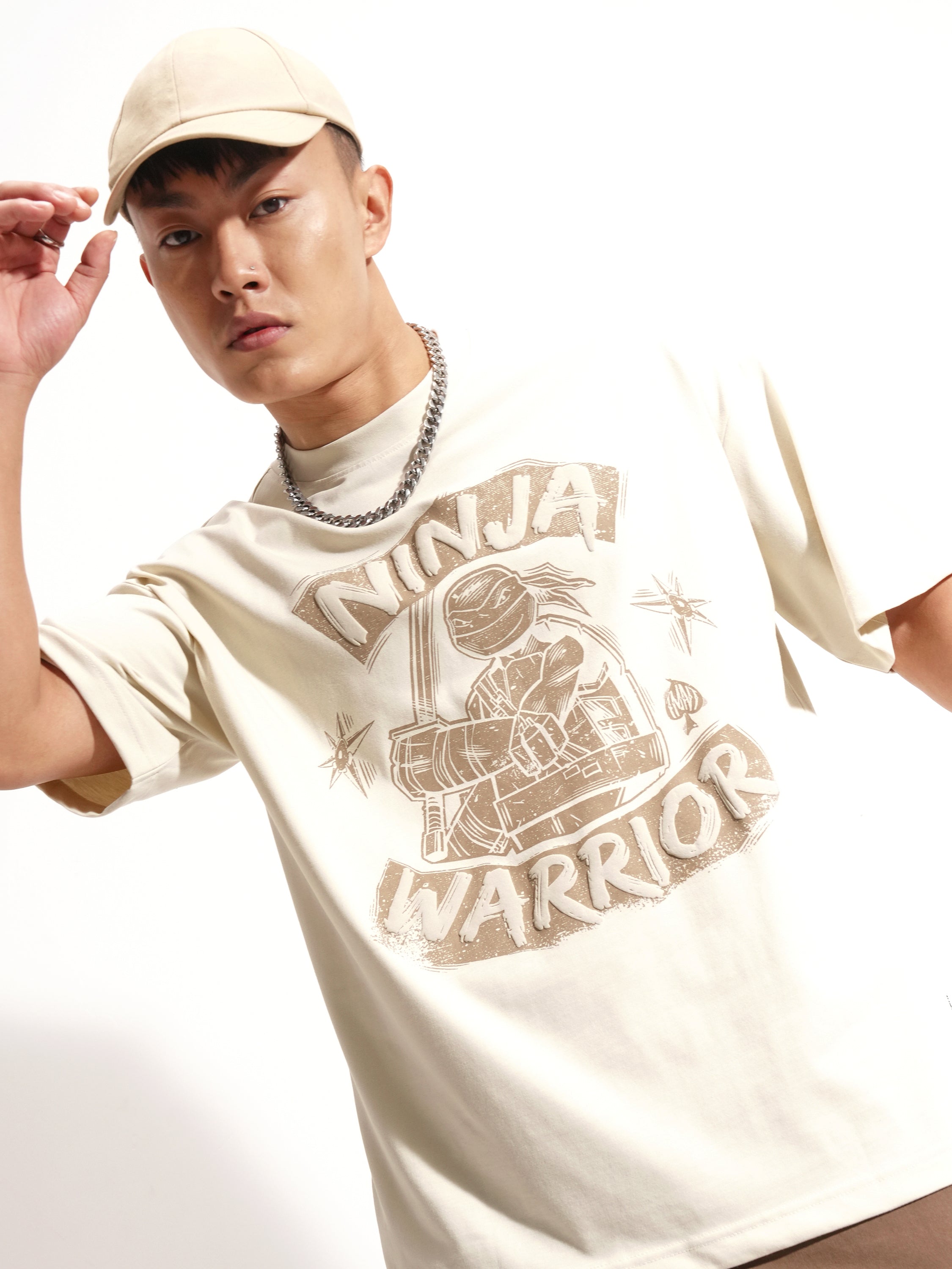 Highlander Men Cream Ninja Turtles Printed Round Neck Oversized Fit T-Shirt - Cream - Image 1